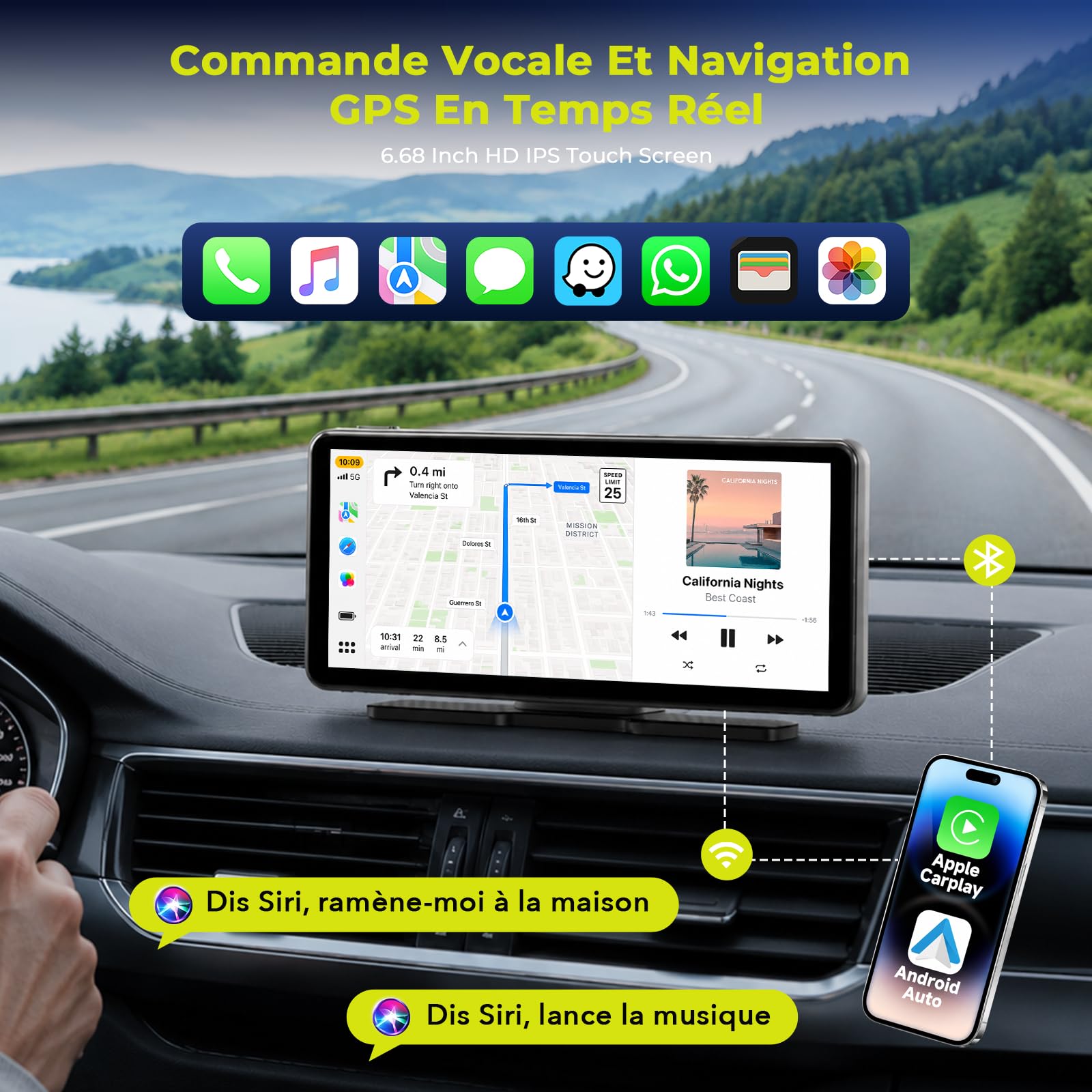 LAMTTO Display Wireless CarPlay & Android Auto Con Dashcam 2,5K + 1080P, Schermo Touch HD Portatile da 6,86 Pollici, CarPlay Con Assistente Vocale, Navigazione, Bluetooth, Scheda da 64 GB, Mirror Link