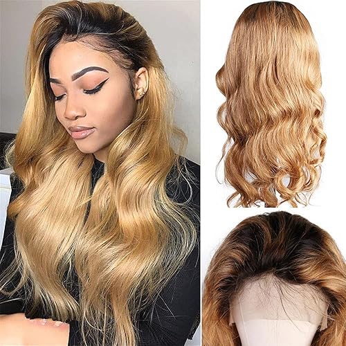 Miniatura 4 de Smartinnov - Peluca rubia lacia con cabello humano de 26 pulgadas, tono degradado #1B27, 150% densidad, encaje frontal de 13 x 6, color rubio miel