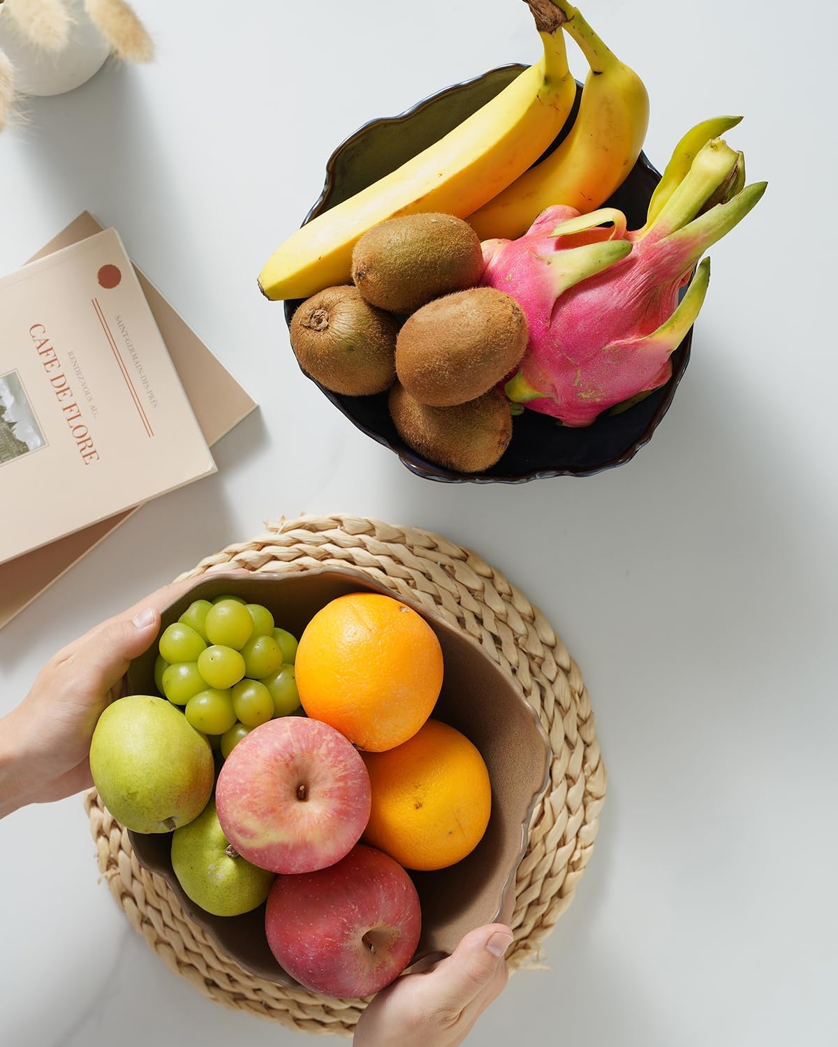 Fruit Bowl for Kitchen Counter, Porcelain Decorative Bowl for Home Décor Modern Pedestal Bowl with 3-Legs Large Centerpiece Bowl for Breads, Nuts, Brown