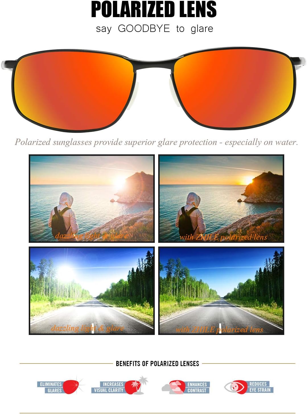 ZHILE Polarized Sunglasses for Men, 8-base Curve Wrap Metal Frame for Fishing Sporting Driving with Sunglasses Case - Image 3