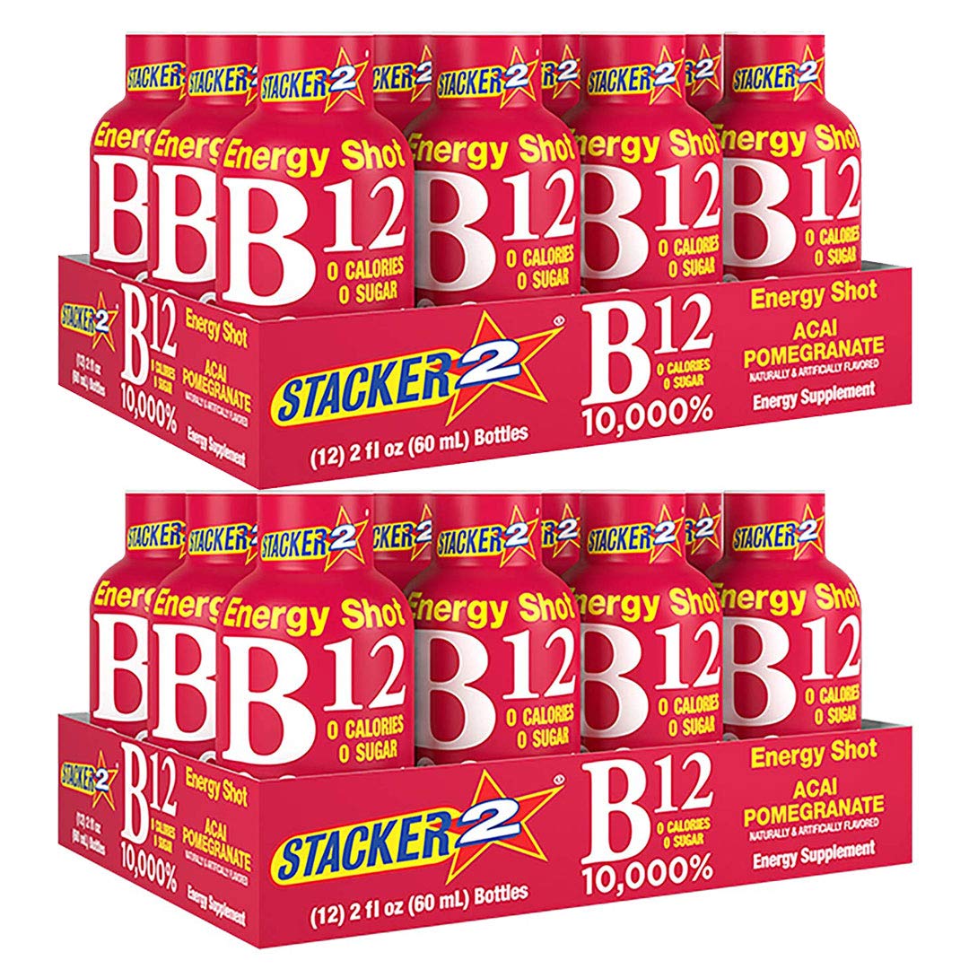 Stacker 2 Vitamin B Complex B12 B6 B3 Liquid Energy Shots - Vegansafe & Vegan Cyanocobalamin, 10,000% DRV - B-6 Pyridoxine 40mg - B3 Niacinamide (Niacin) 20mg - Bundle Pack (2oz, Pack of 24)