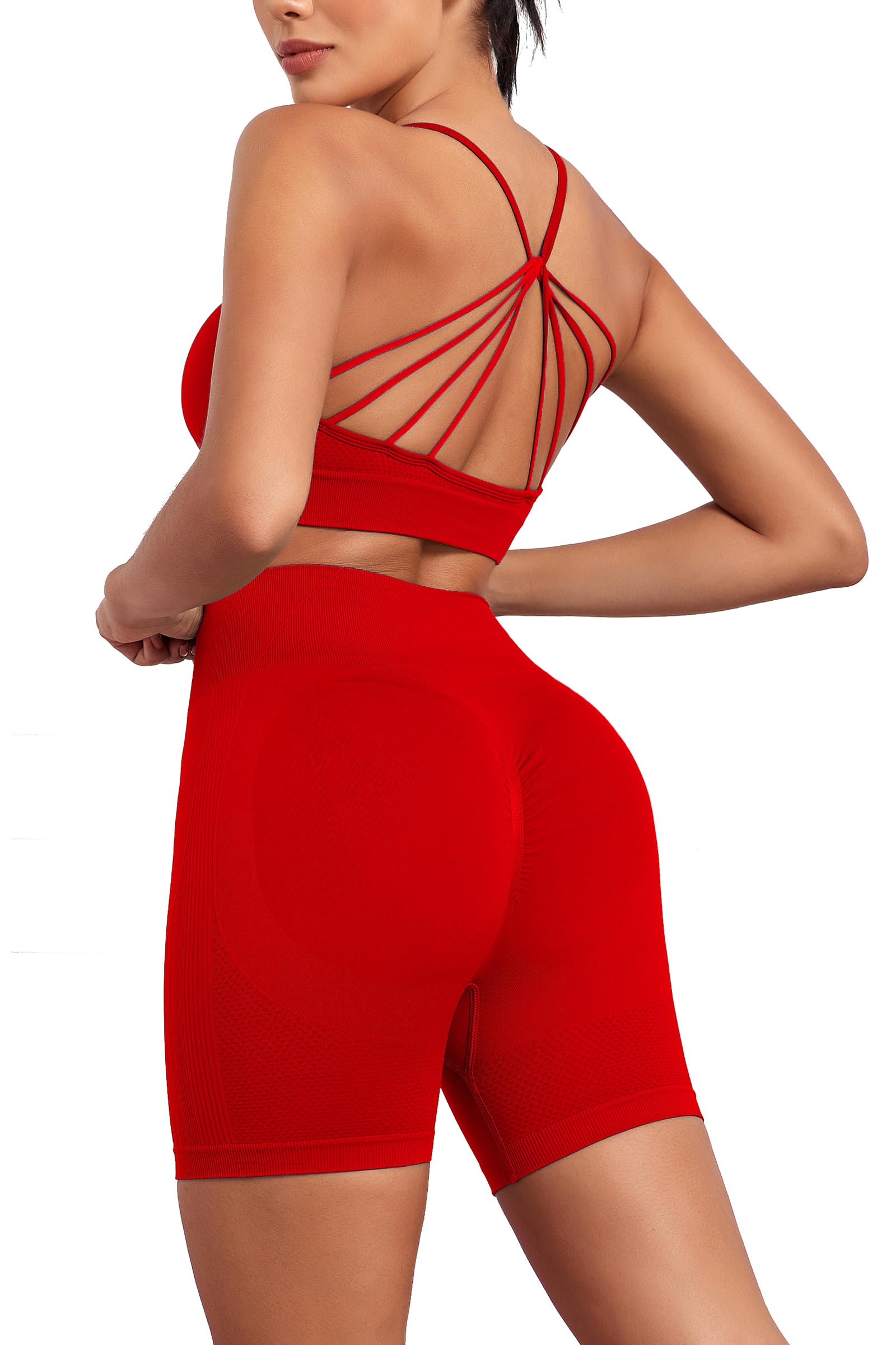 Seamless Workout Sets for Women Strappy Crisscross Sports Bras with Shorts 2 Piece Top Bottom Yoga Outfits Gym Tracksuit