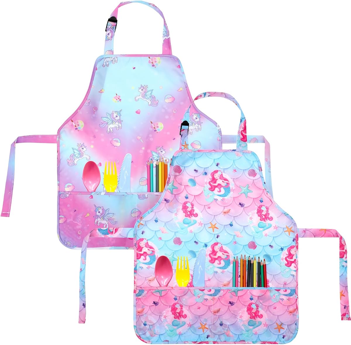2 Pcs Unicorn and Mermaid Kids Apron for Painting, with Pocket | Adjustable Kids Apron Back to School for Cooking Cooking Crafting Art Gardening, Toddler, Apron for Painting Children 7 Years