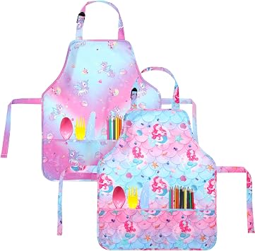 Xtinmee 2 Pcs Kids Apron for Girl Back to School Adjustable Apron with 2 Pocket for Painting Baking Art Unicorn and Mermaid