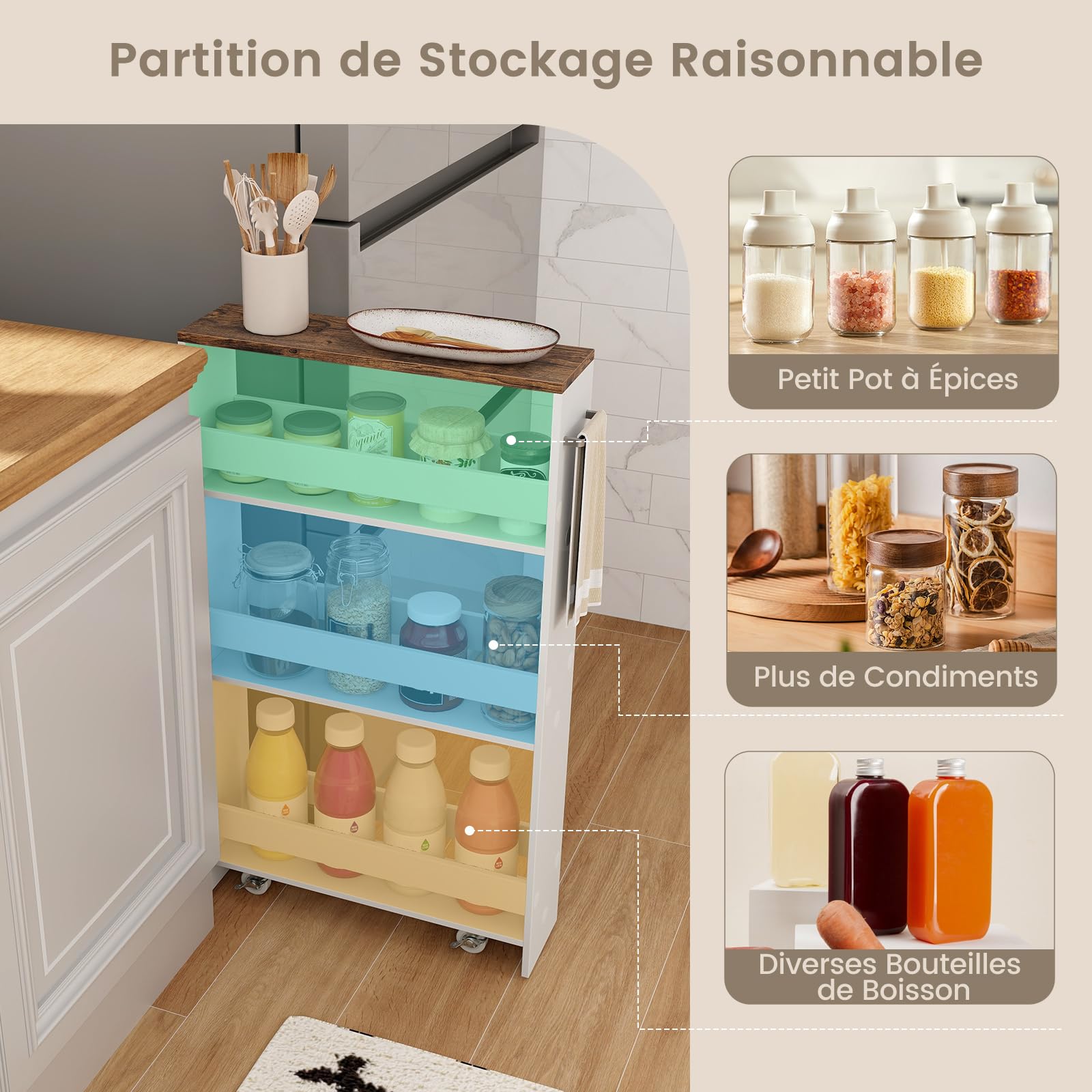 COSTWAY Chariot de Rangement 13 cm à roulettes, Desserte de Cuisine Etroit à 4 Niveaux avec Poignée Latérale et Roues Universelles avec Freins, Design Étroit pour Petit Espace (Blanc + Indstriel)