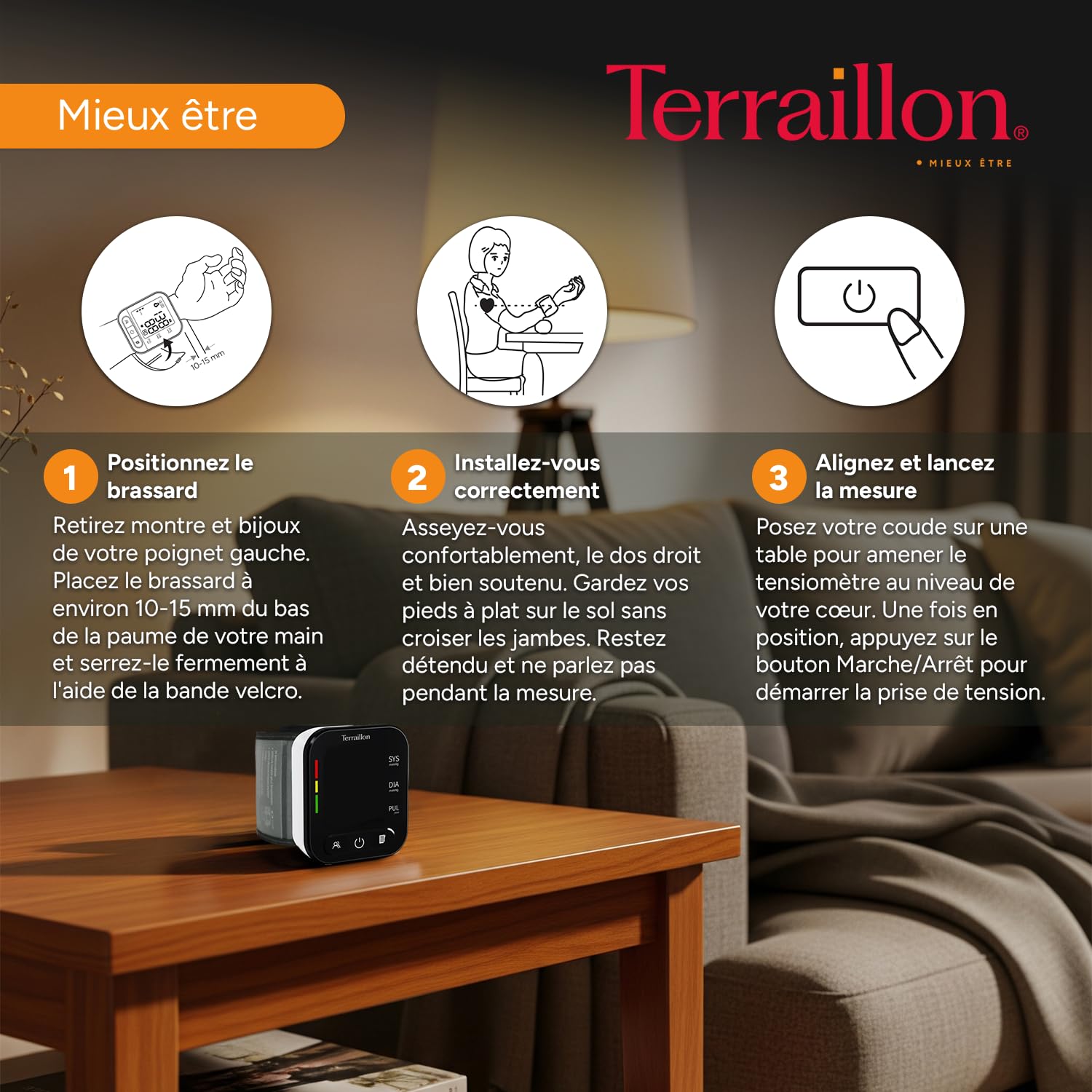 TERRAILLON Tensiometre Poignet compact, Classe IIA TENSIO POIGNET TP251 | Ecran LED, Tension Artérielle, Rythme Cardiaque, Indicateurs couleur, 2 profils, 99 Mémoires, Dim. brassard 13,5-19cm, USB-C