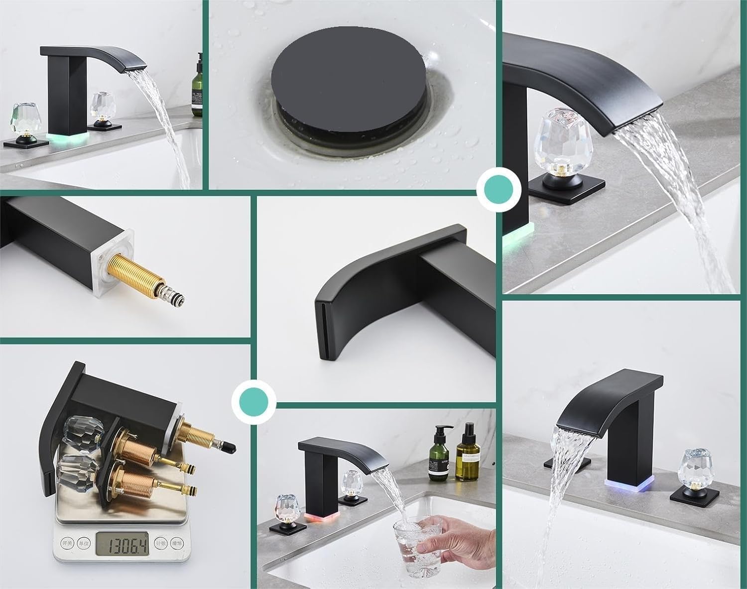 Bathroom faucets 3 Hole Widespread Modern Bathroom Sink Faucet 8 inch Matte Black Bathroom 3 Hole LED Light Waterfall Vanity Faucet Sink with Pop Up Drain (Matte Black)