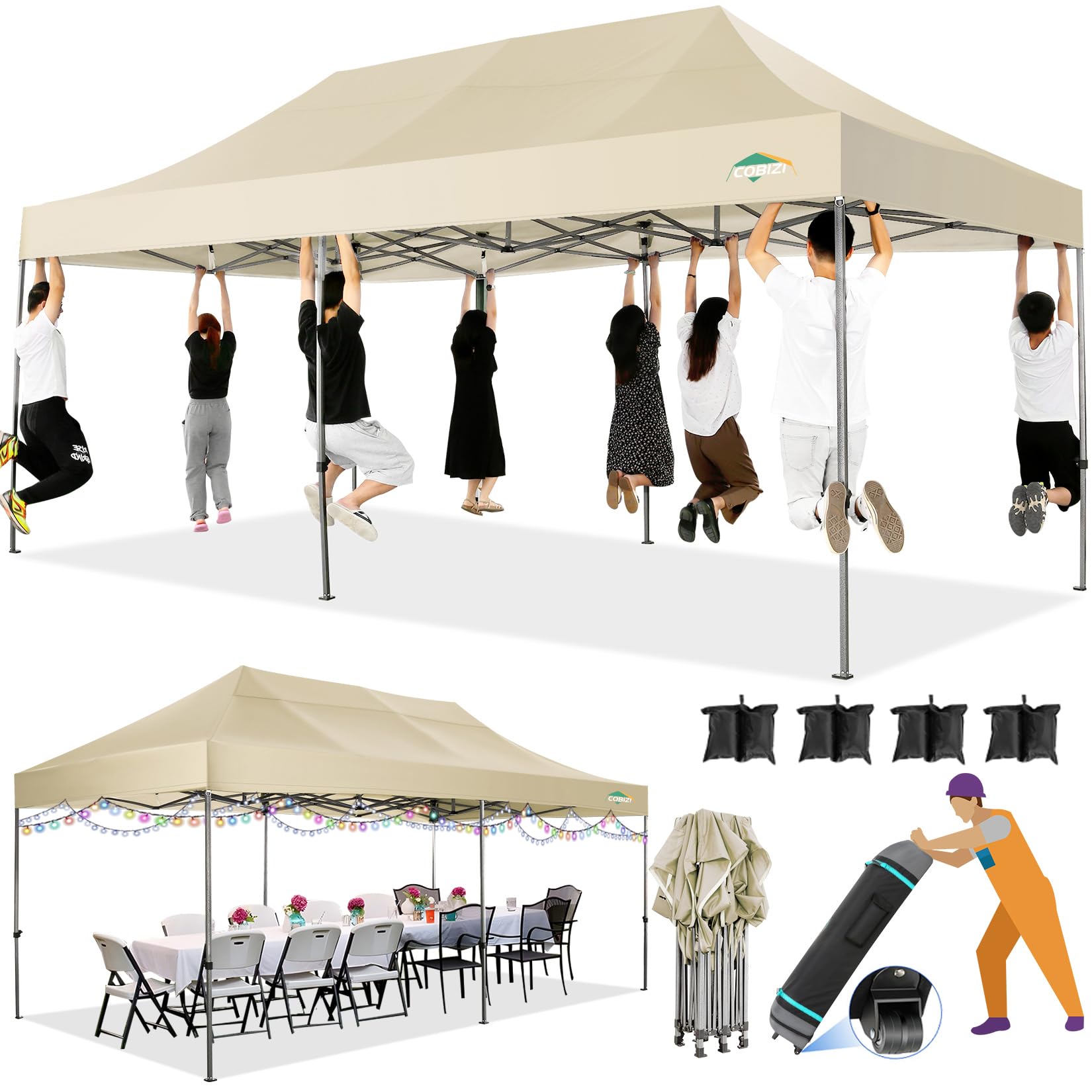 COBIZI 10x20 Heavy Duty Pop up Canopy Tent Without Sidewall Easy Up Commercial Outdoor Canopy Wedding Party Tents for Parties Wind &amp; Waterproof Gazebo with Roller Bag, Khaki(Frame Thickened)