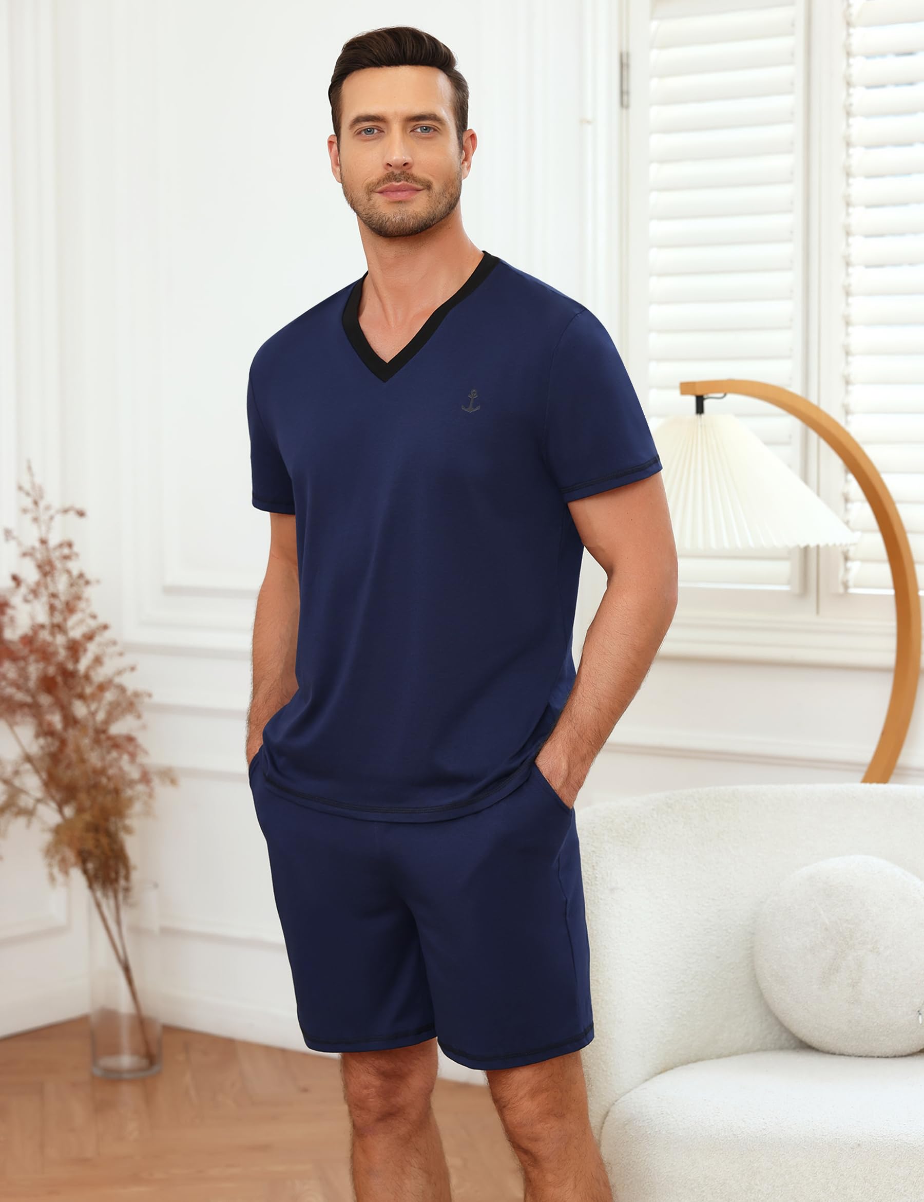 Marvmys Pijamas Hombre Verano Corto Conjunto Algodón Cuello en V Manga Cortas Tops Pijama Pantalones con Bolsillo S-3XL