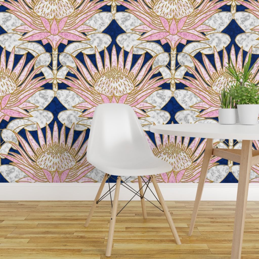 Spoonflower Removable Wallpaper Swatch - Art Deco, Blush, Protea, Glam, Pink, Navy, Gold, Marble Look, 1920S, Hollywood, Blue, Large Scale, Custom Pre-Pasted Wallpaper
