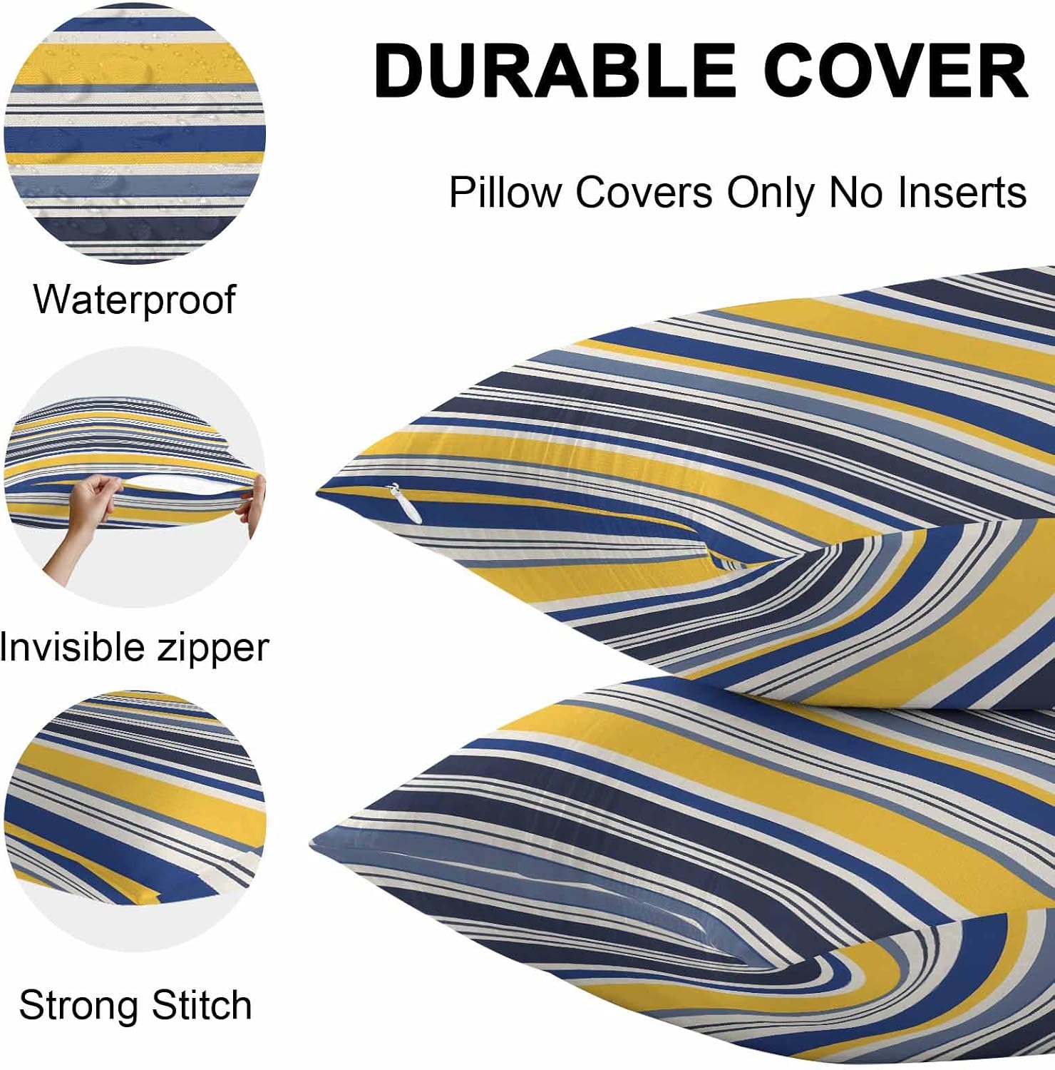 Outdoor Waterproof Throw Pillow Covers Set of 2 Yellow Stripes Lines Pillowcases 18x18 Inches Navy Blue Classic Striped Decorative Pillows Cushion Case Patio Pillows for Couch Bed Chair Garden