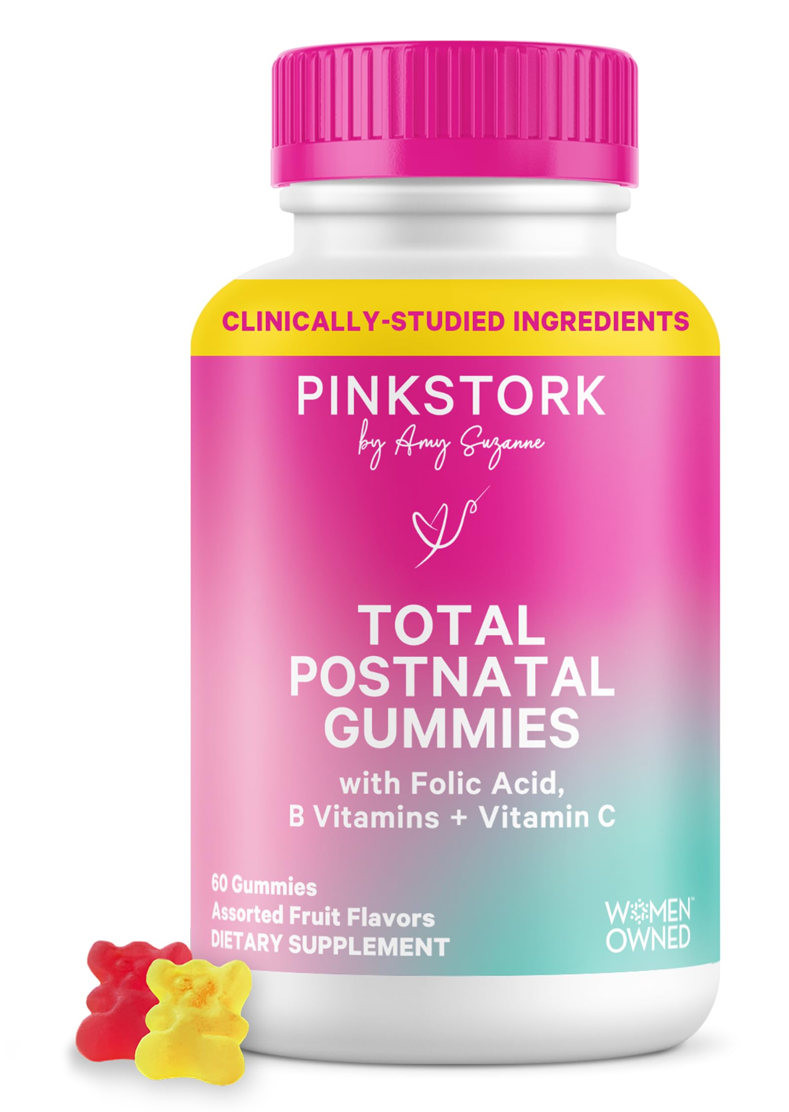 Pink Stork Total Postnatal Vitamin Gummies - Multivitamin for Postpartum Recovery and Lactation Support - Folic Acid, B6, & Vitamin C - Postpartum Essentials - 60 Gummy Vitamins
