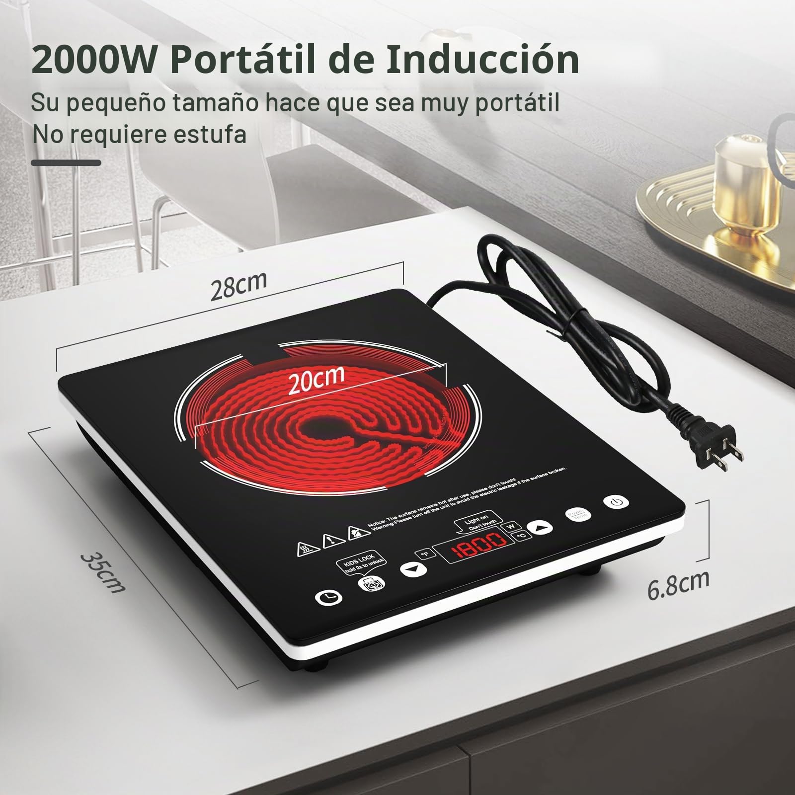 Placa Vitrocerámica Portátil 2000W, Hornillo Eléctrico de 1 Fuego Compatible con Todas las Ollas - Placa de Cocina con Temporizador y Seguridad, para Autocaravana, Camping y Estudio