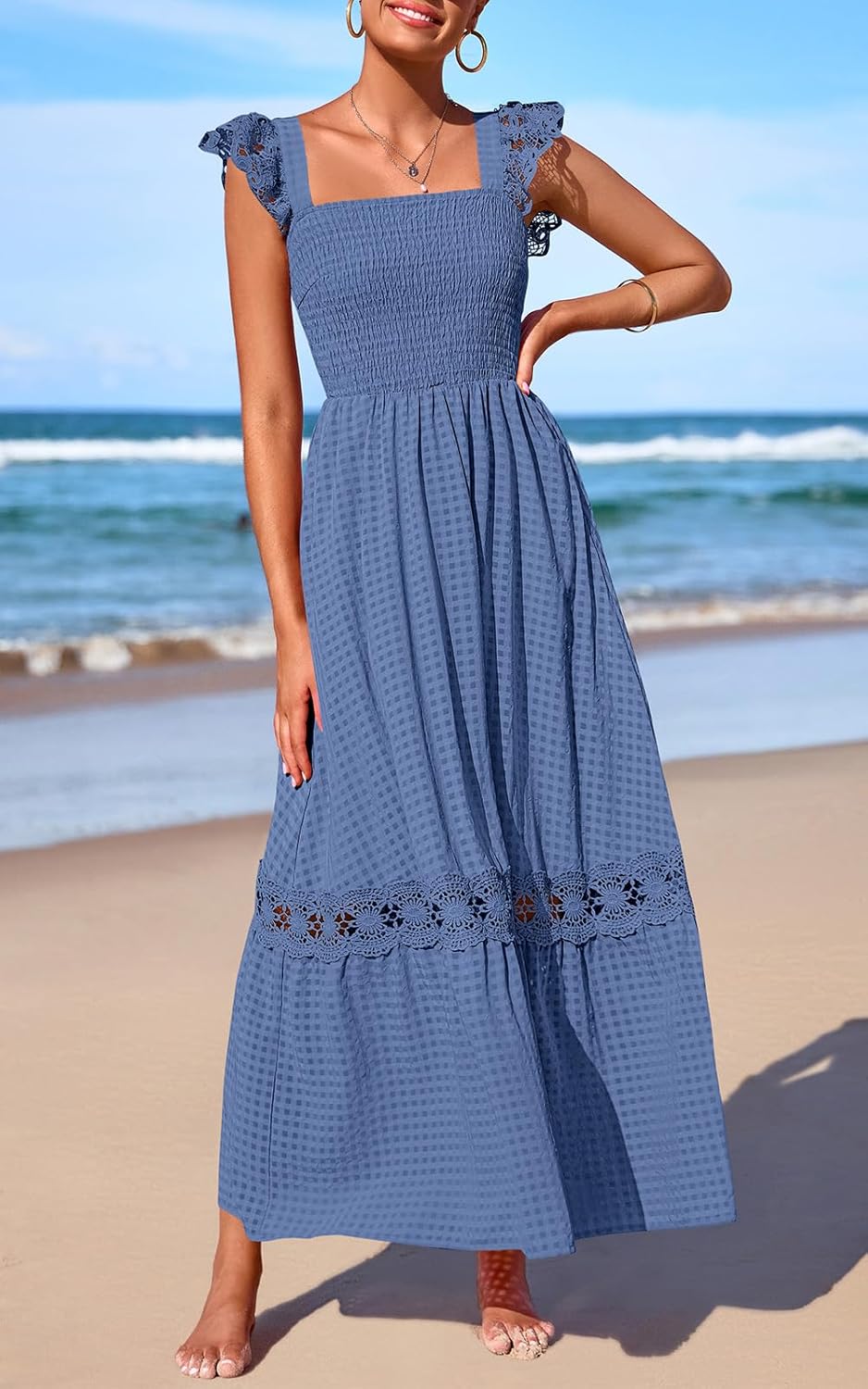 PRETTYGARDEN Women's Smocked Summer Maxi Dresses 2026 Ruffle Cap Sleeve Square Neck Lace Detail Flowy Sundress with Pockets - Image 2