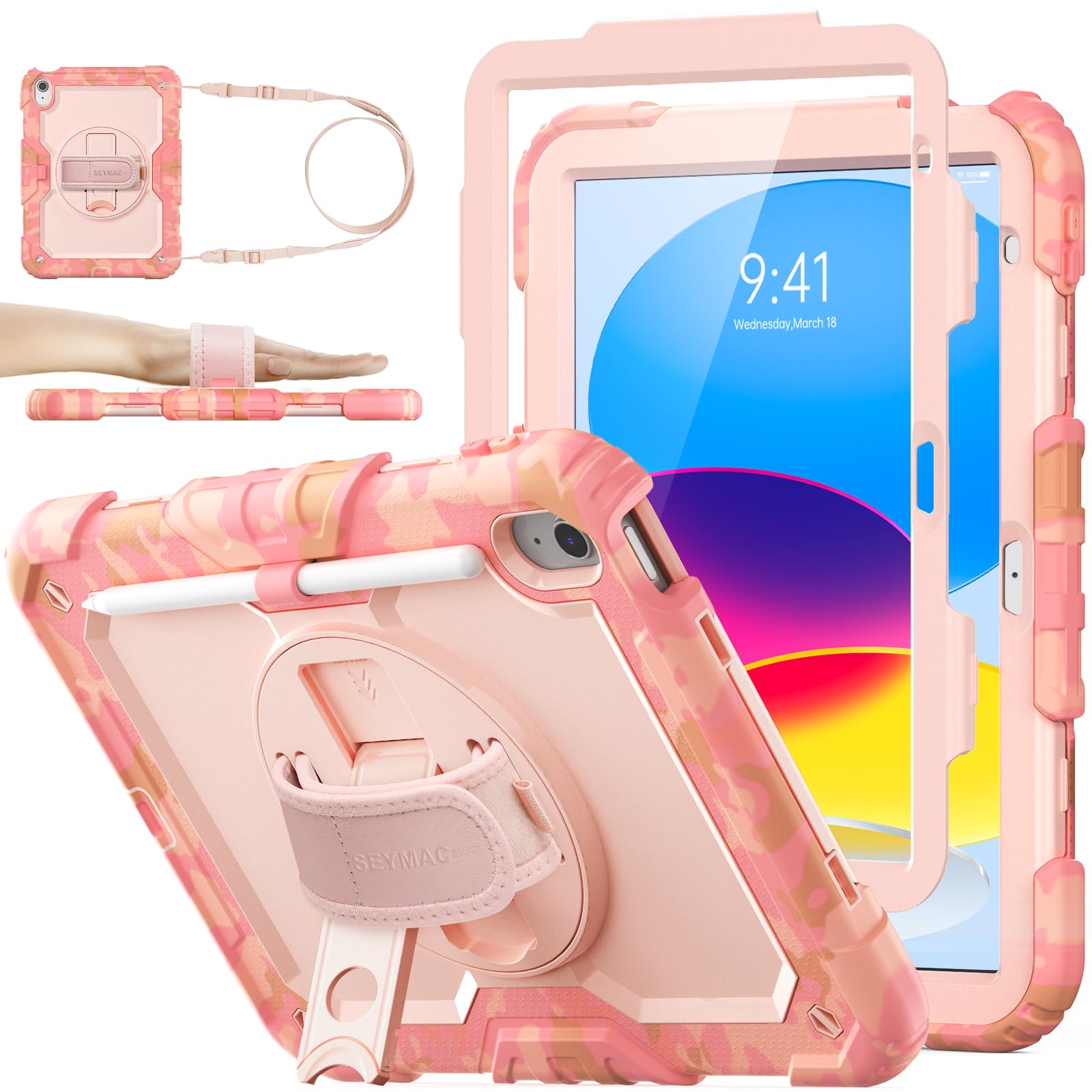 SEYMAC stock Case for iPad (A16) 11th/10th Generation 11''/10.9'' 2025/2022, Full-Body Drop Protection Case with Screen Protector &360° Rotate Hand