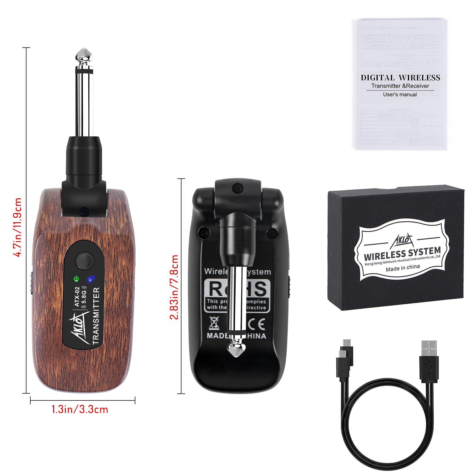 Transmisor y Receptor Inalámbrico de Guitarra,AKLOT 5.8 GHz Sistema Inalámbrico de Guitarra Eléctrica Piezas Batería de Litio Recargable Incorporada Digital para Guitarra Eléctrica Bajo
