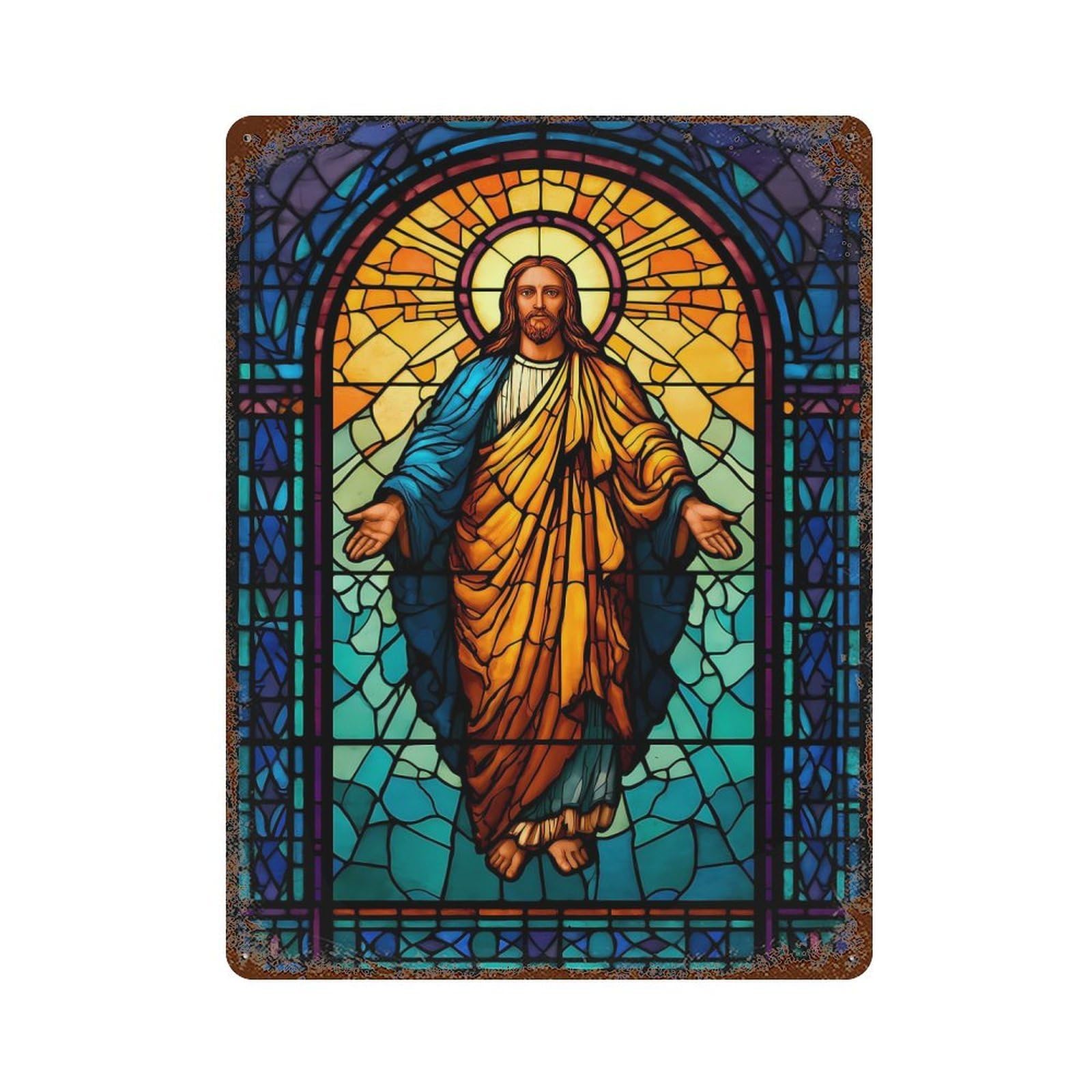 Stained Glass Jesus Christ Illustration Aged Metal Wall Plaque 15.7"x11.8", for Living Room, Hallway And Home Decor, Shabby Chic Decor