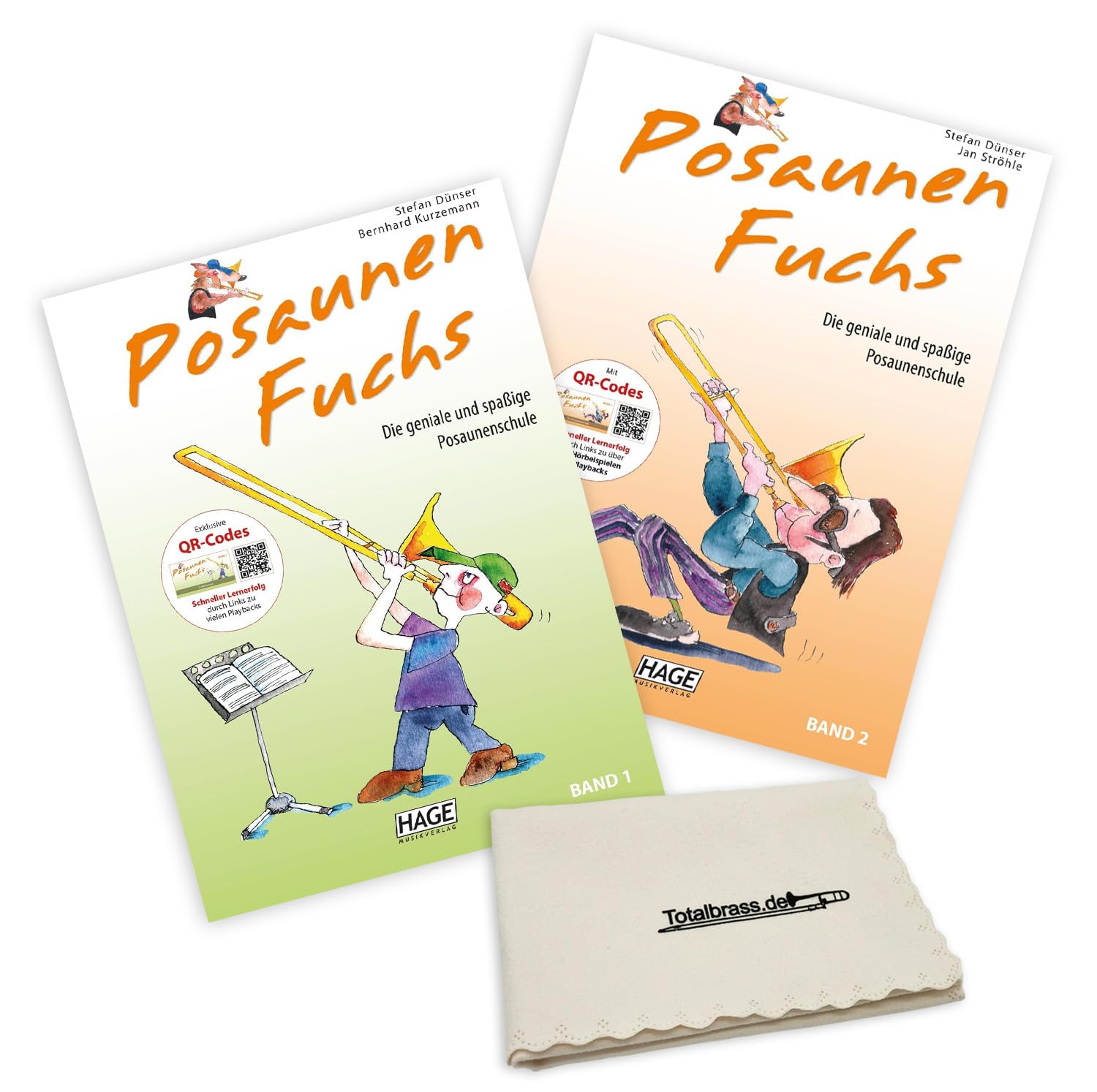 Posaunenfuchs Band 1 + Band 2 | mi QR-Codes | Hage Musikverlag | Stefan Dünser/Jan Ströhle | Posaunen Fuchs EH3811 + EH3812 | ISBN 9783866260818 + 9783866260825 | Soundman Poliertuch