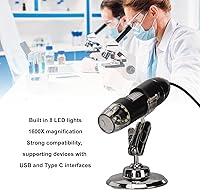Vista 3 de Hilitand Microscopio digital USB 50X a 1600X, negro, luz LED, material ABS, portátil, compatible con teléfonos inteligentes