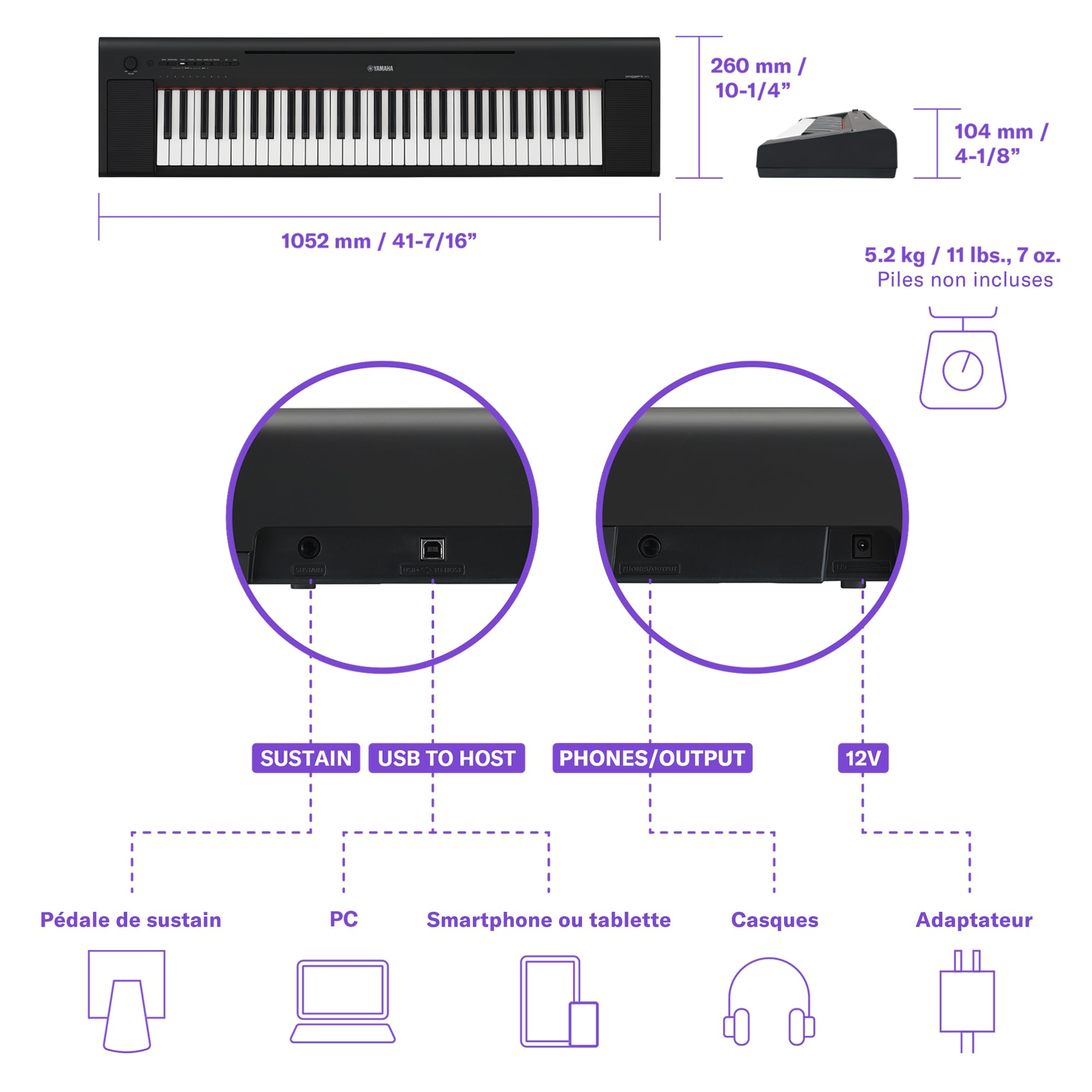 Yamaha Piaggero NP-15 Clavier numérique avec 61 touches et 15 voix instrumentales, léger et portable