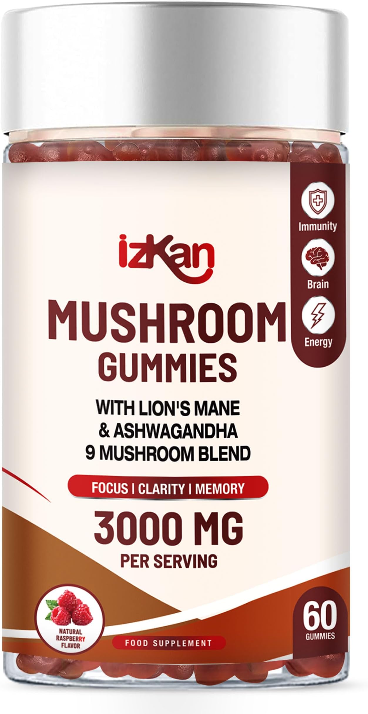 Mushroom Complex Gummies 3000mg - Lion Mane & 9 Brain Health Mushrooms Gummies with Ashwagandha Supplement Promotes Calm Focus Memory Mood Immunity & Energy - 60 Count (Halal, Gluten-Free, Vegan) (1)