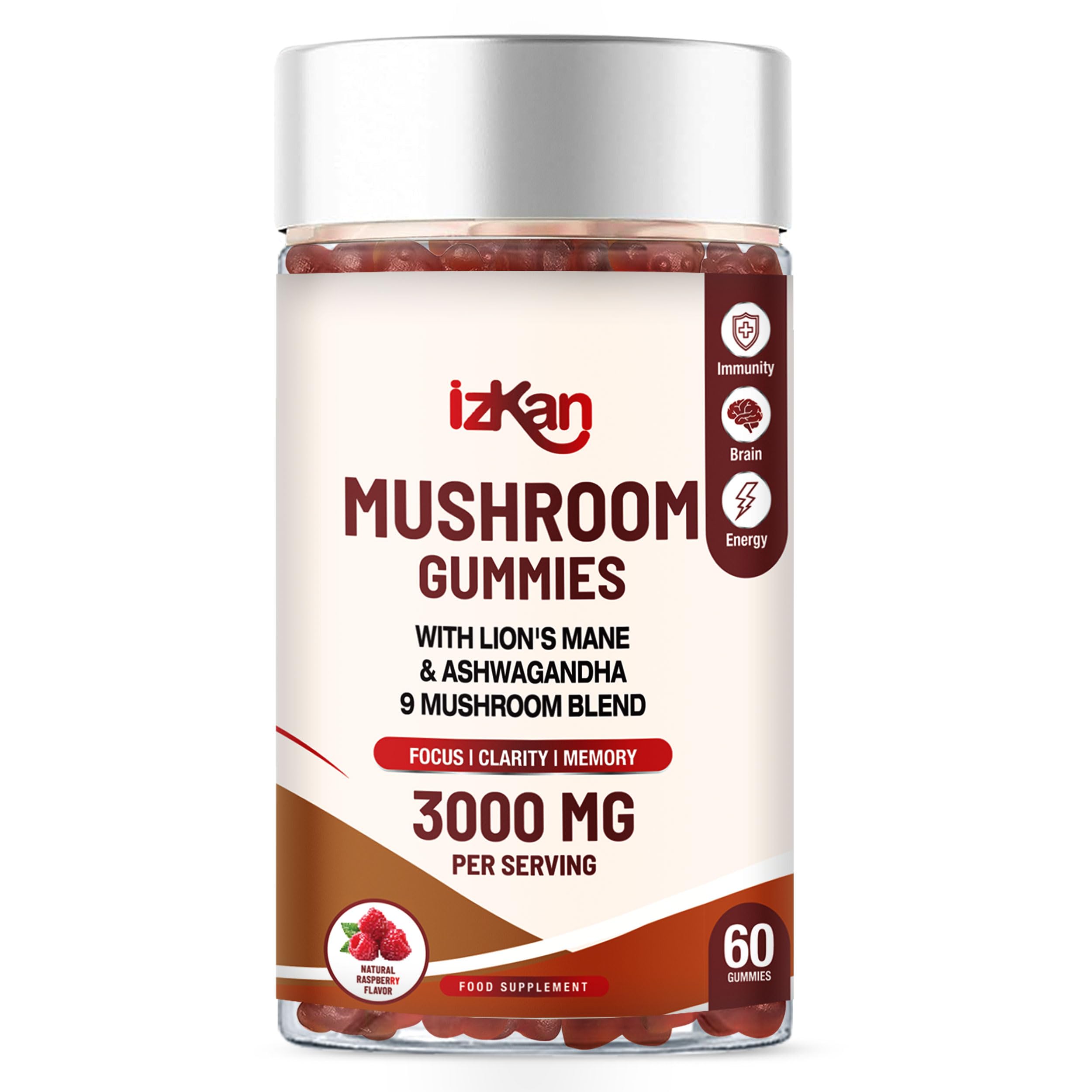 Mushroom Complex Gummies 3000mg - Lion Mane & 9 Brain Health Mushrooms Gummies with Ashwagandha Supplement Promotes Calm Focus Memory Mood Immunity & Energy - 60 Count (Halal, Gluten-Free, Vegan) (1)