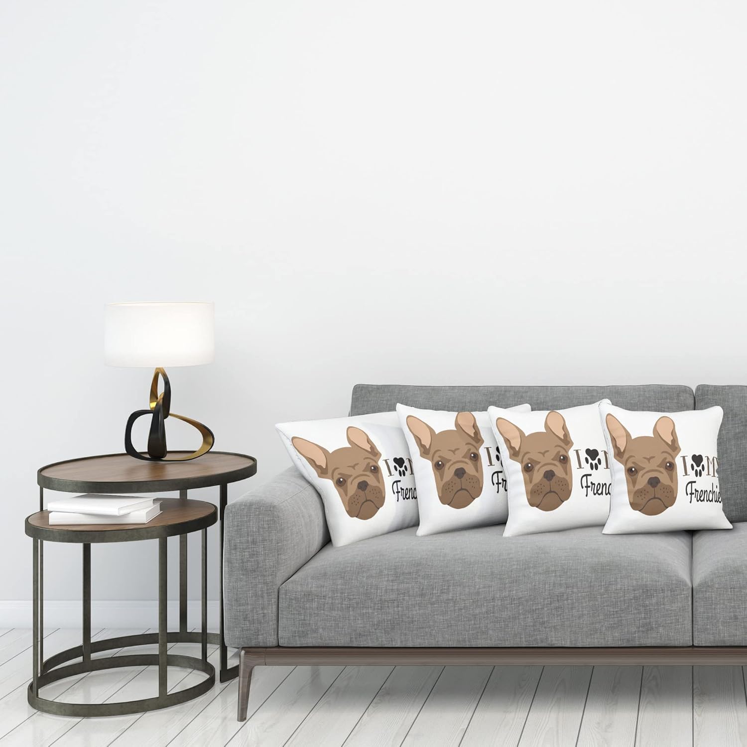 Ambesonne Bulldog Decorative Throw Pillow Case Pack of 4, Design of I Love My Frenchie Calligraphy with a Dog Portrait and a Paw Print, Cushion Cover for Couch Living Room Car, 18", Brown White