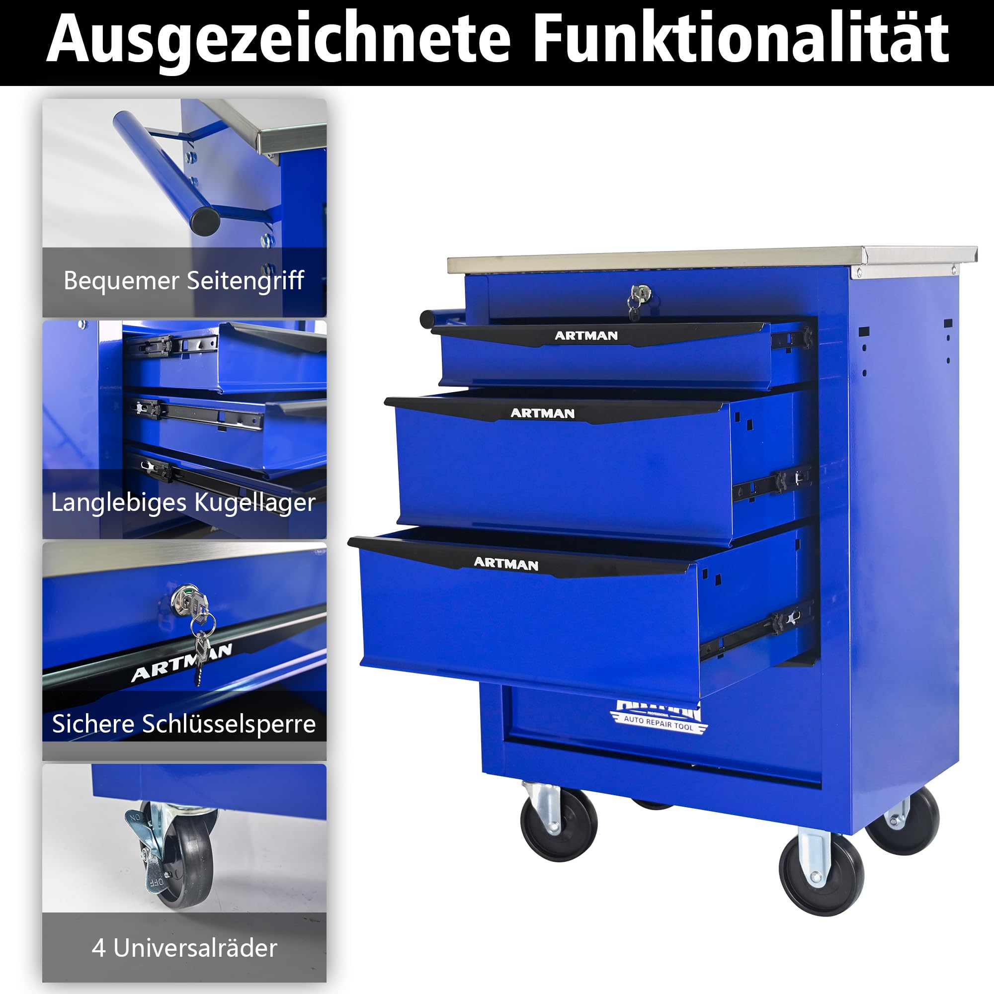 Generisch Carrello portautensili a 4 cassetti, con ruote e cassetti, 15 kg per cassetto, struttura in acciaio, verniciato a polvere, piano di lavoro e ganci, per garage/officina