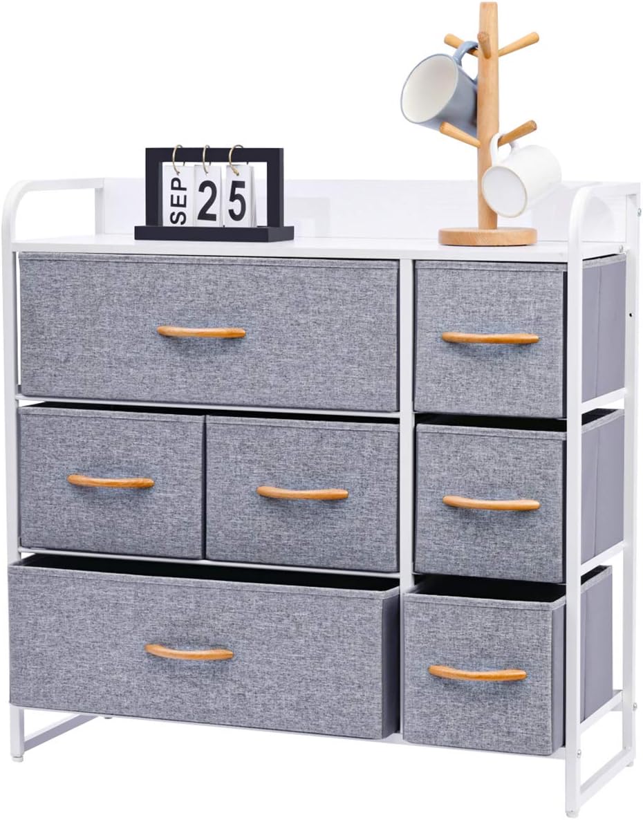 Kamiler 7 Drawer Dresser,3-Tier Storage Organizer,Chest of Drawers for Bedroom,Hallway, Entryway,Nursery,Closets-Sturdy Steel Frame,Wood Top,Removable and Easy Pull Fabric Bins(White)