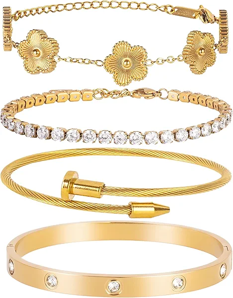 18K Gold Plated Nail love Bangle Bracelet Set for Women Stackable Gold Clover Adjustable tennis bracelet Trendy Gift Jewelry for Mother's Day Anniversary