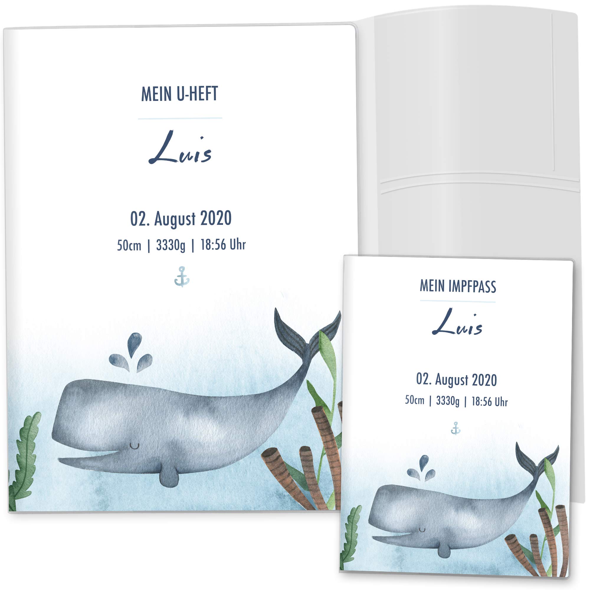 OLGS U-Heft Hülle 3-teilig Set Walfisch Untersuchungsheft Hülle & Impfpasshülle tolle Geschenkidee personalisierbar mit Namen (Impfpasshülle, Uhefthülle 3-teilig personalisiert, Pottwal)