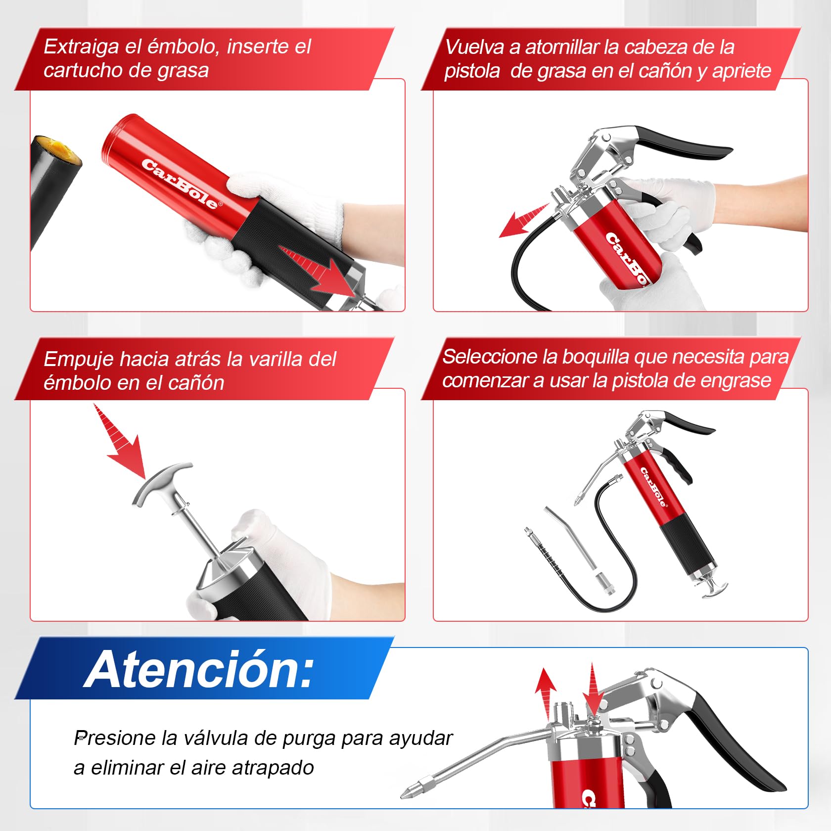 CarBole Pistolas de Engrase 8000PSI con Acoplador,Engrasadora,Bomba de Engrase,3 Mangueras Flexibles y Tubo de Extensión de Metal,Con Seis Tipos de Boquilla,Compatible con Cartucho de Tinta 400cc
