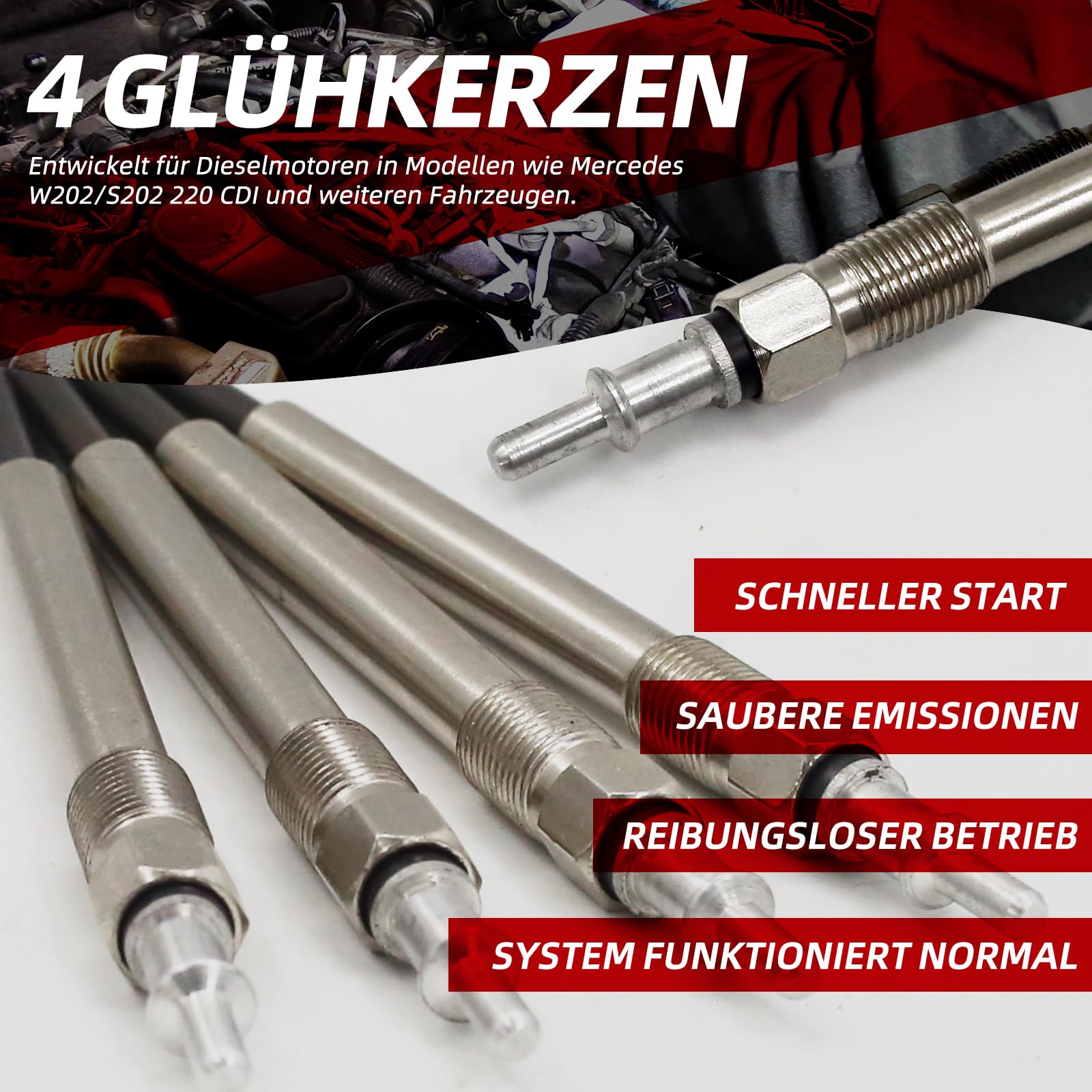 Glühkerzen passend für Mercedes-Benz W202 S202 220 CDI, 11,5 V, M10x1-Gewinde. Ein Satz mit vier Stück.OE-Nummer: A0011593801 (C-Klasse)