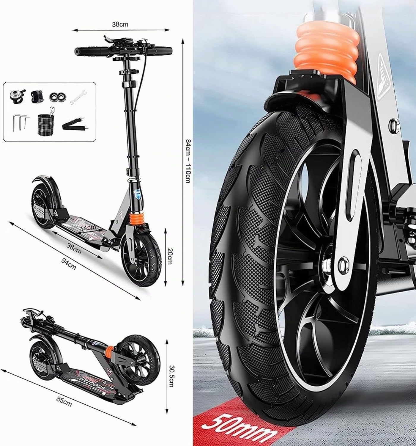 City Scooter para Adultos y Niños 10 Años - Patinete Plegable con Ruedas Grandes, Frenos y Amortiguadores - Regulable en Altura, Capacidad 150 Kg