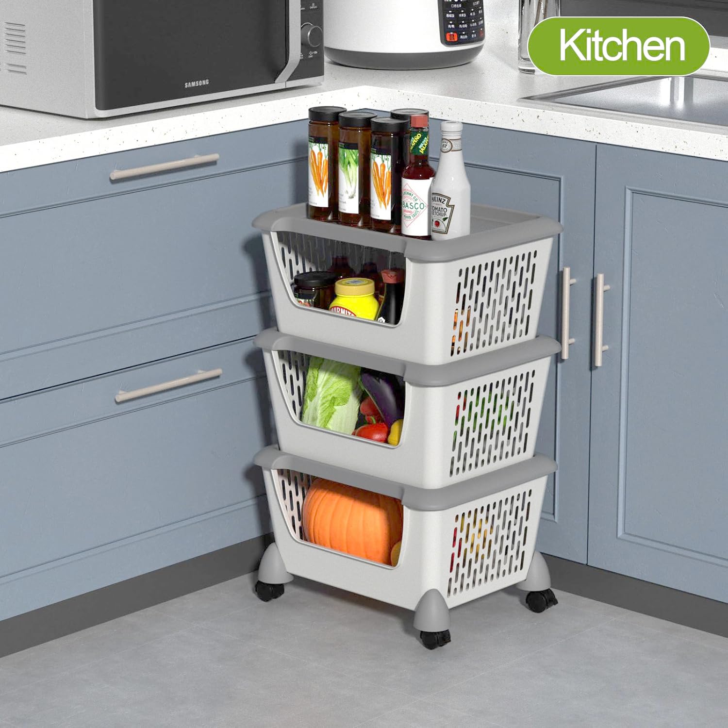 Gray Plastic Stacking Organizer Basket with Wheels, 3-Tier Multi-function Stackable Storage Basket