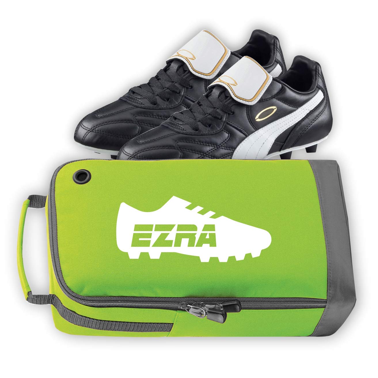 Nametape Express Boot/Shoe/Sports bag personalised with name and Football/Rugby Boot design, great choice of colours (Lime Green)
