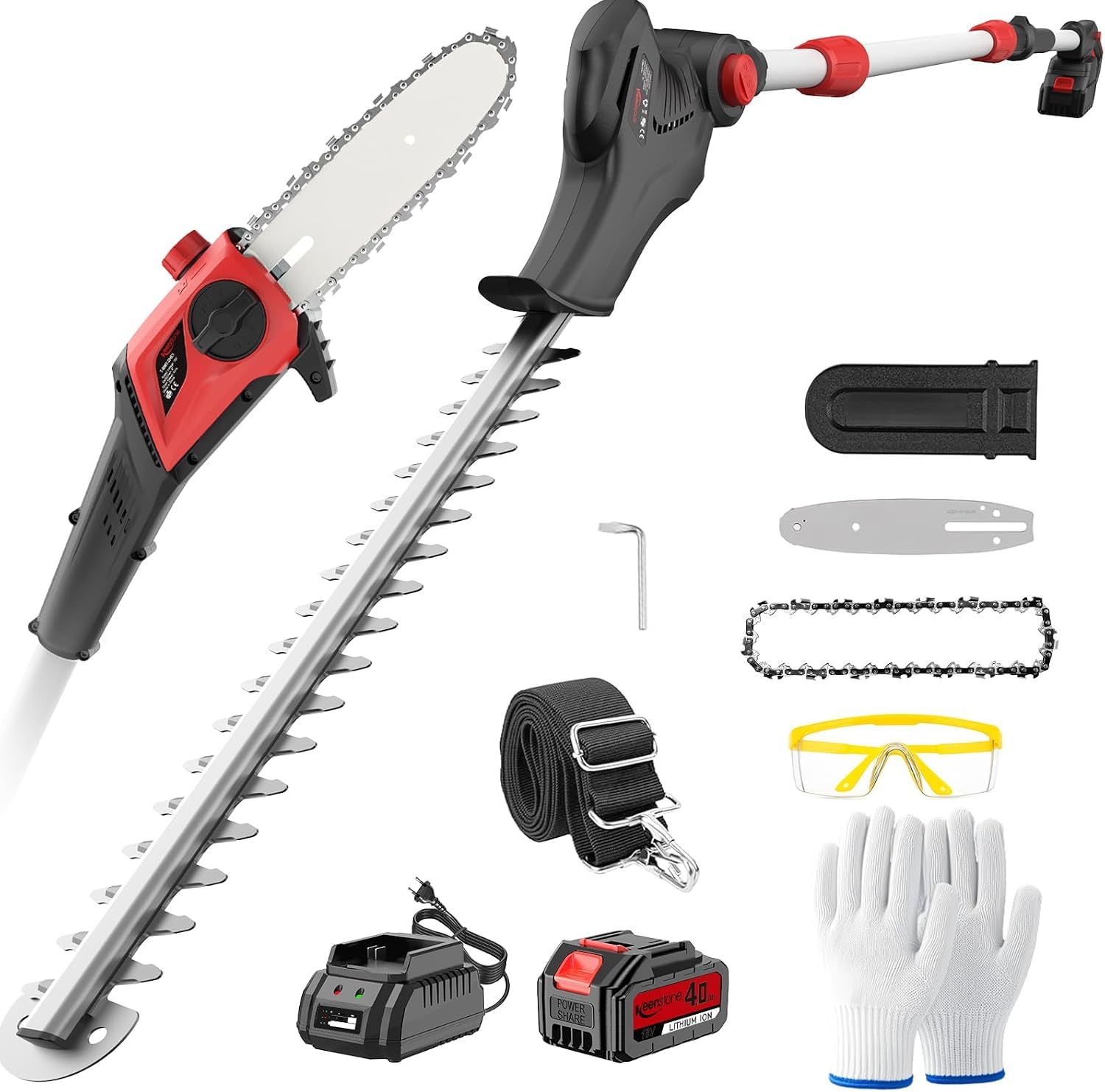 Keenstone 2-en-1 Élagueuse sur Perche et Taille-haie Électrique sans Fil, Double Lame de 42cm, Tronçonneuse de 20cm, Batterie 4,0Ah, Portée Max de 2,8m pour Jardin, Arbres et Arbustes
