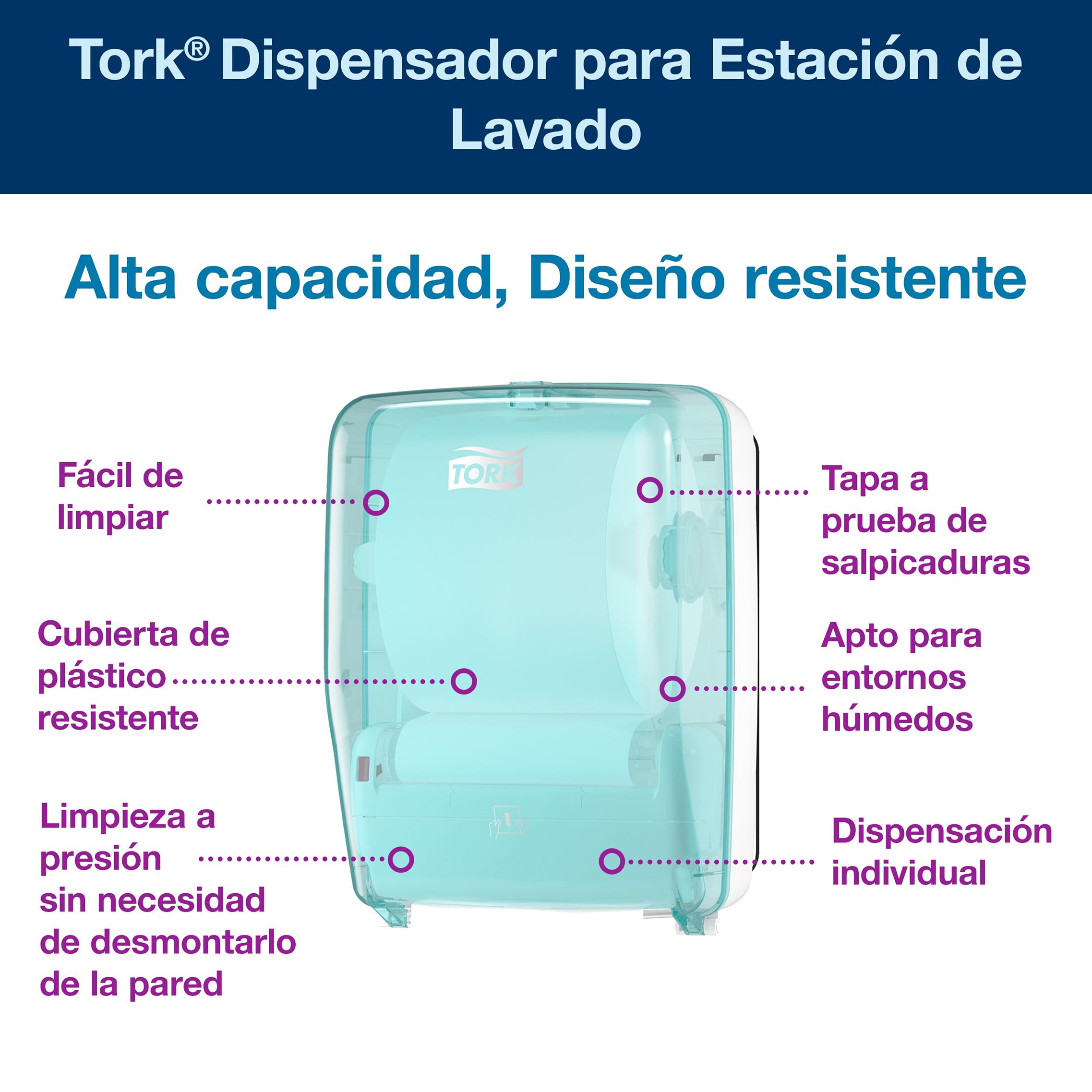 Tork Dispensador para Estación de Lavado Blanco y Turquesa W6, Resistente al agua, 651420