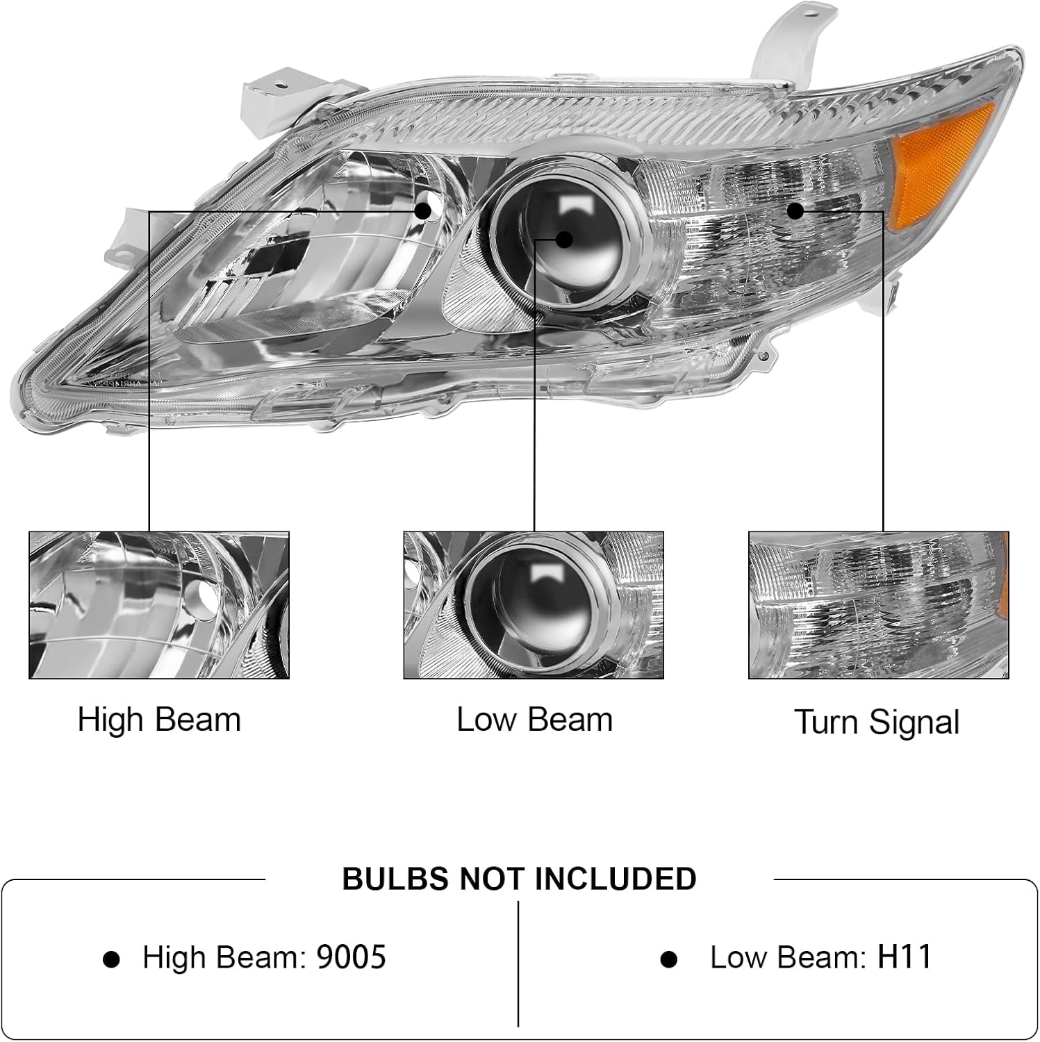 Headlight Assembly Replacement For 2010 Toyota Camry 2011 Toyota Camry 10 Camry 11 Camry Projector Headlamp US Built Model Only Left And Right Side (Chrome Housing Amber Reflector)