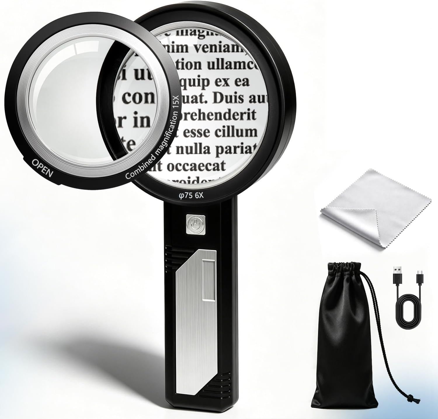MLOGIROA Magnifying Glass with Light, 6X/9X Detachable Lens (Up to 15X), LED & UV Light, Rechargeable Handheld Magnifier for Reading, Jewelry, Coin & Currency Inspection (Black)
