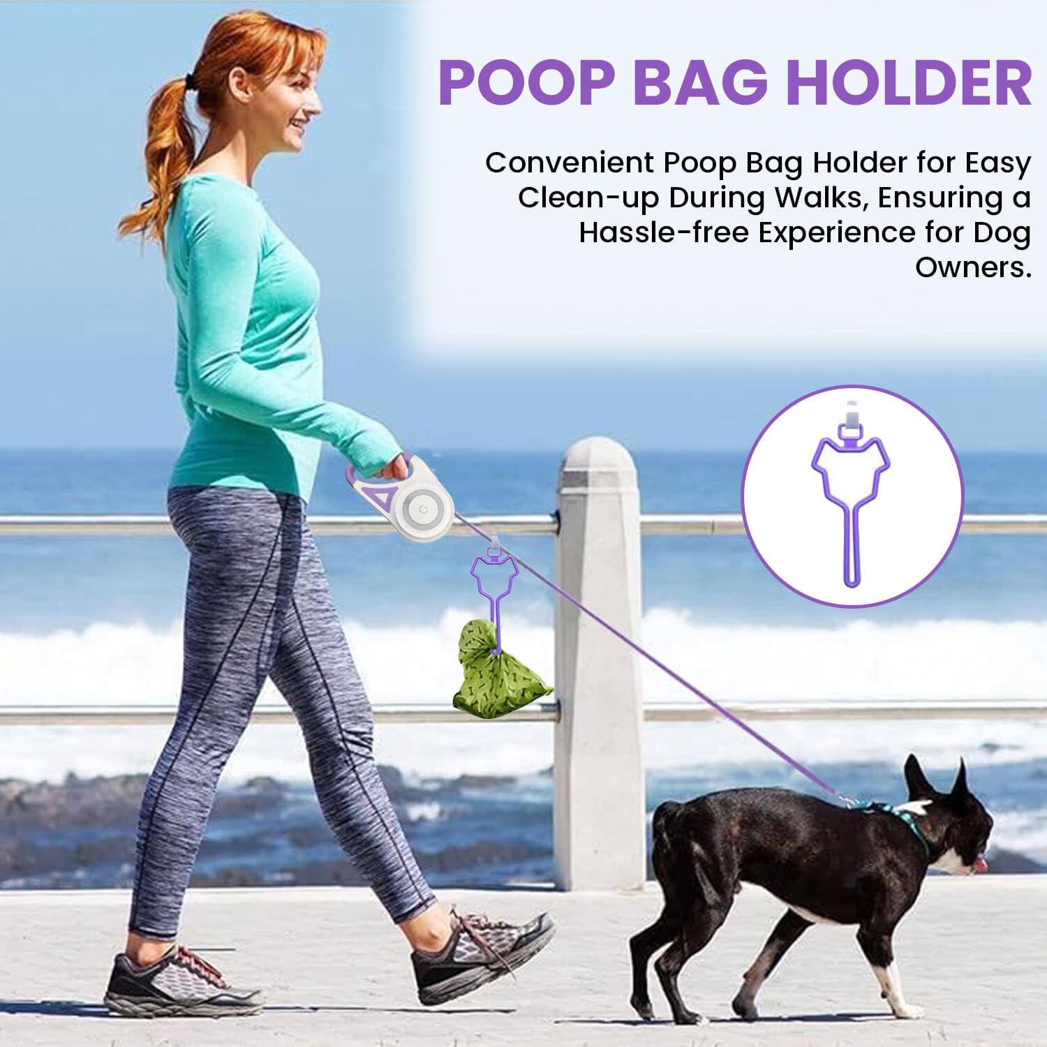 Best Dog Supplies Lot de 4 laisses rétractables violettes pour chien avec lumière, distributeur de sacs à déjections, support de sac à déjections canines, 2 cordes élastiques