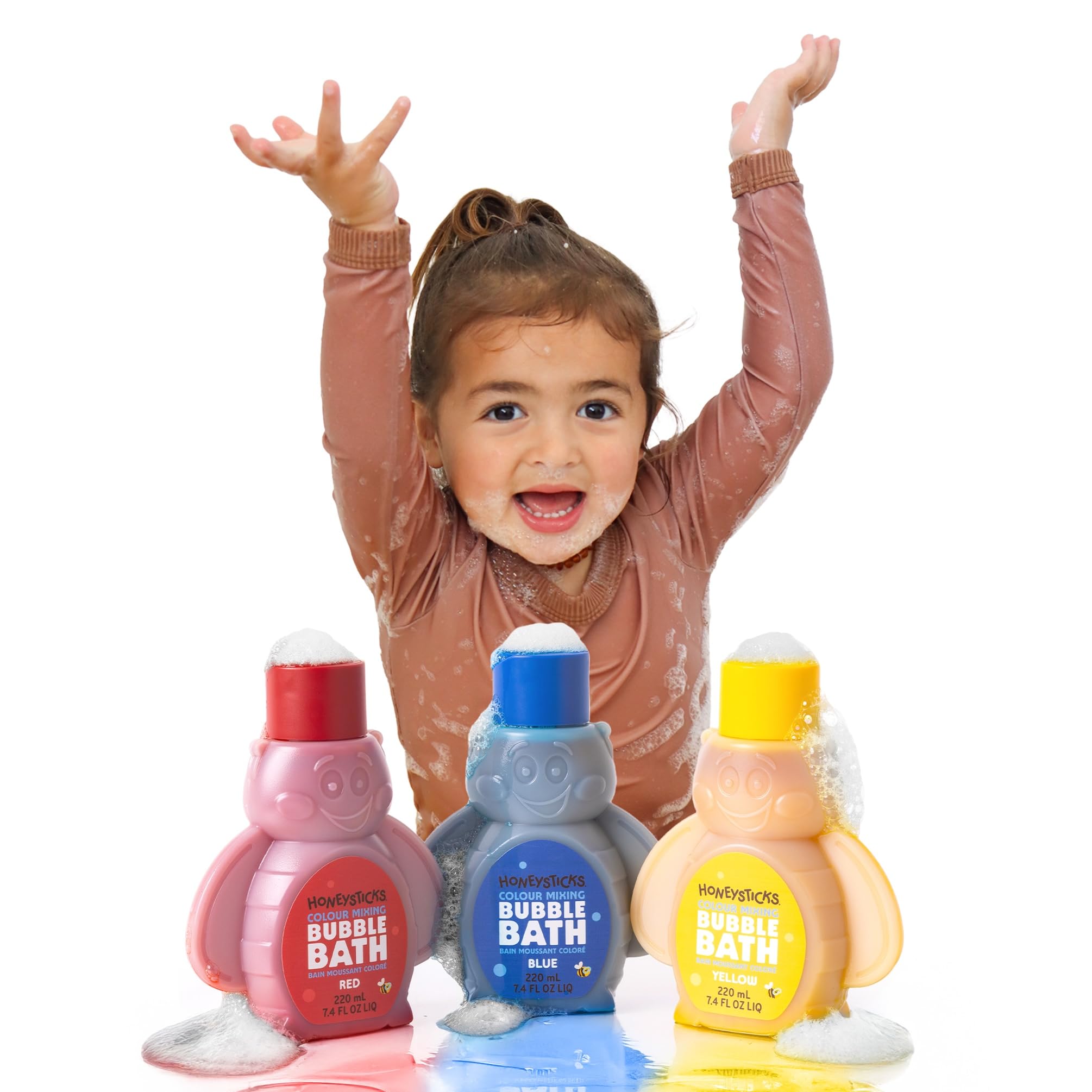 Honeysticks Burbujas de Bañera para Niños – Espuma de Baño a Base de Plantas – Bubble Bath que Cambia el Color del Agua y Crea Mucha Espuma – No Tóxica, No Irritante - 3 Uds - Azul, Amarillo, Rojo