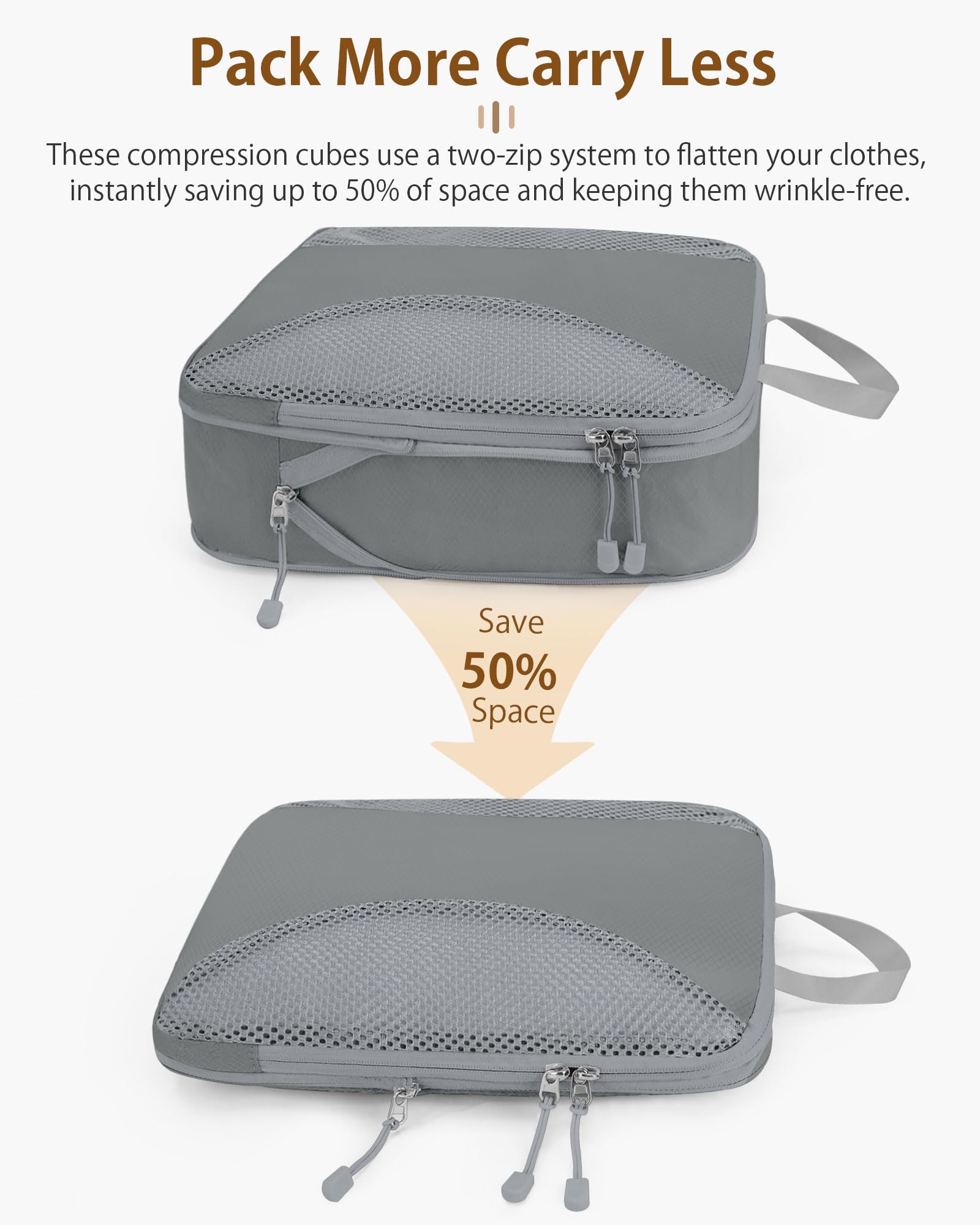 Set di 8 cubi per imballaggio a compressione, organizer per valigie, cubi da viaggio per valigie, organizer per bagagli, borse da imballaggio, accessori essenziali per le vacanze, grigio