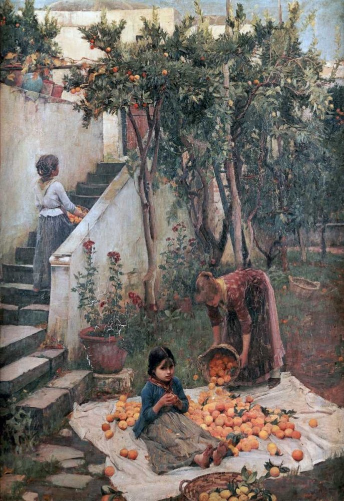 Feeling at home KUNSTDRUCK auf MATTE PAPIER 220gr Die orangefarbenen Sammler Waterhouse John William - Lebensmittel vertikale Poster Architektur Cuisine Früchte ein Bild auf Pa cm_93_X_63
