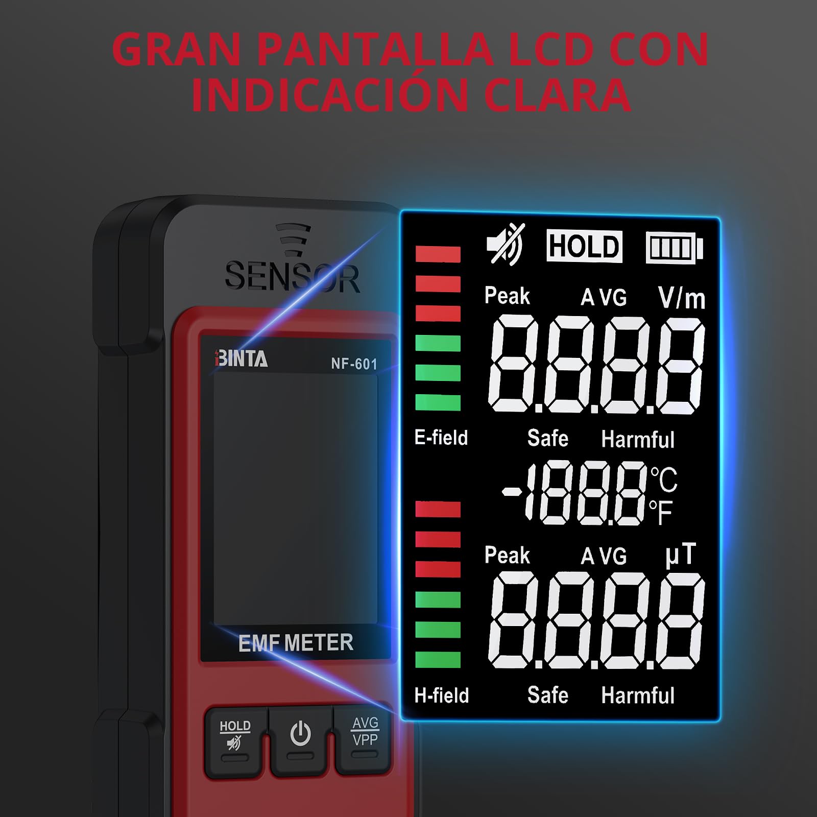 BINTA Medidor EMF, Medidor de Radiación 2 en 1 para Señal EF MF WiFi, Detector EMF para Inspección del Hogar, Oficina, Exteriores y GhostHunting con Registrador de Datos, Alarma
