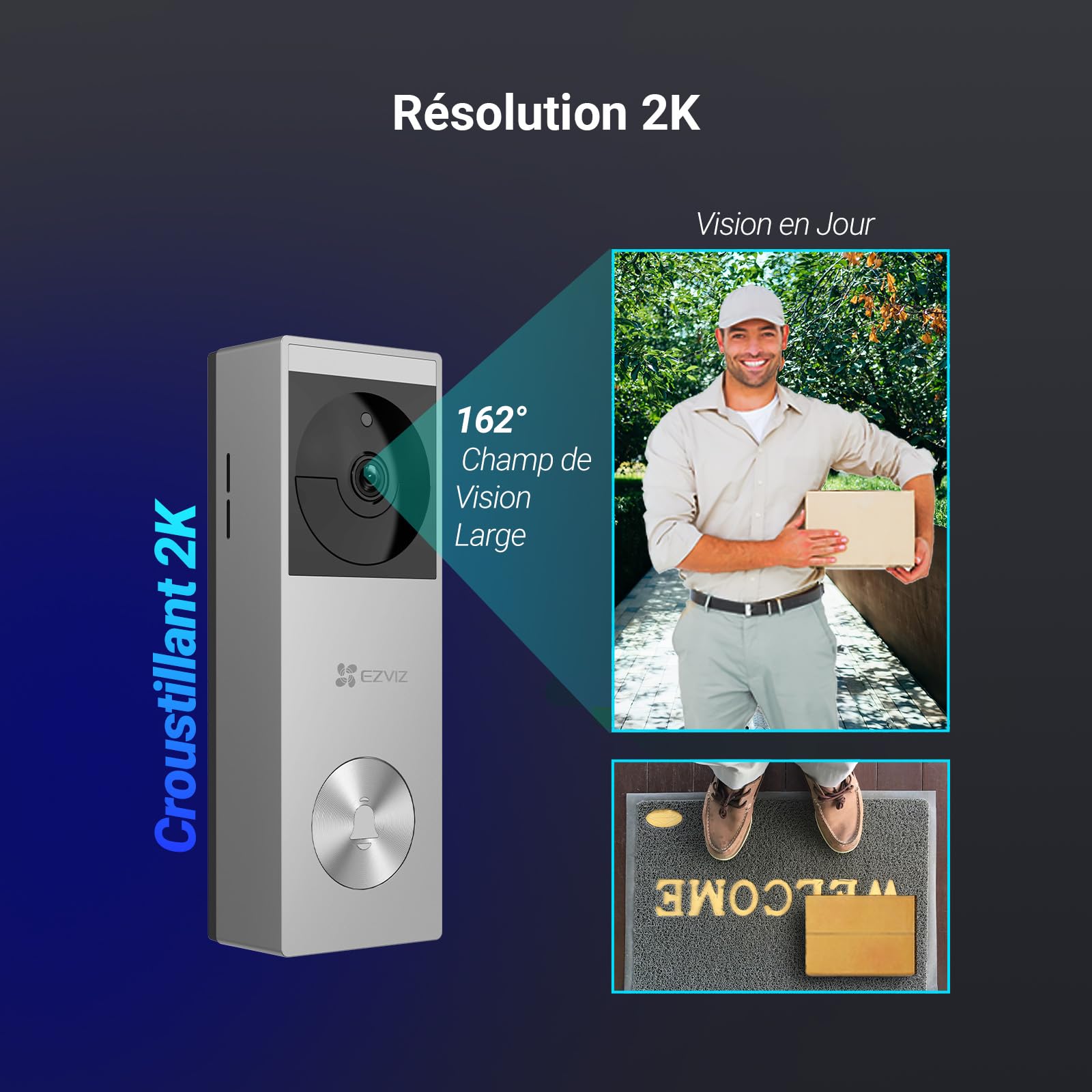 EZVIZ Sonnette Vidéo sans Fil avec Caméra 2K, Sonnette Extérieur avec Panneau Solaire & Batterie,Vision Nocturne Couleur, Détection de Personnes, Vue Ultra Large, Stockage eMMC 8 Go,CP3 Pro et CH1 Kit