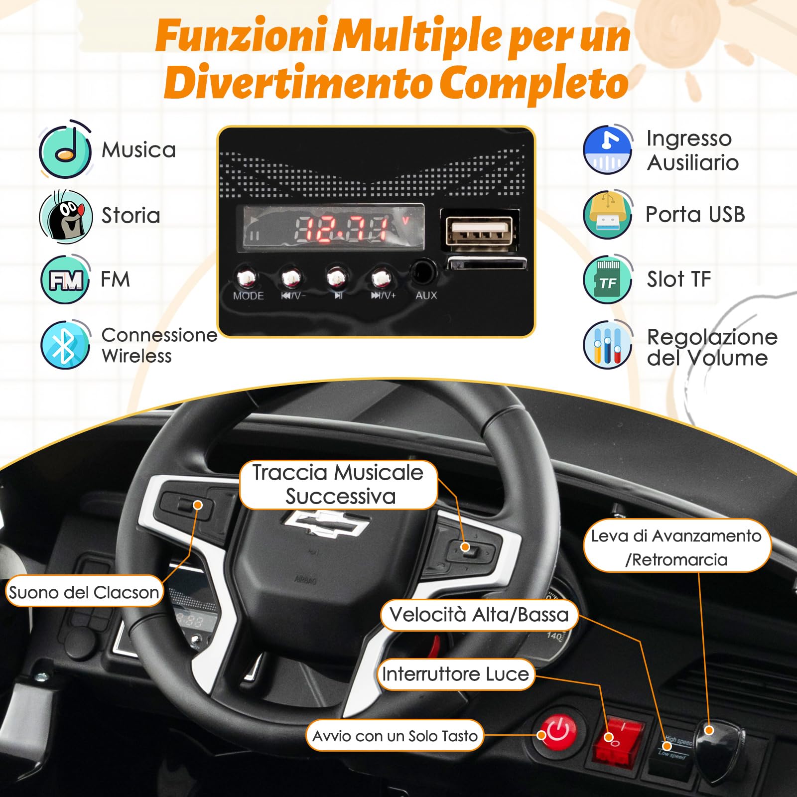 COSTWAY 12V Macchina Elettrica per Bambini Chevrolet, SUV Elettrica con Telecomando Luci Luminose e Musica, 3-3,5 km/h, Ideale per Bambini di 3-6 Anni (Nero)