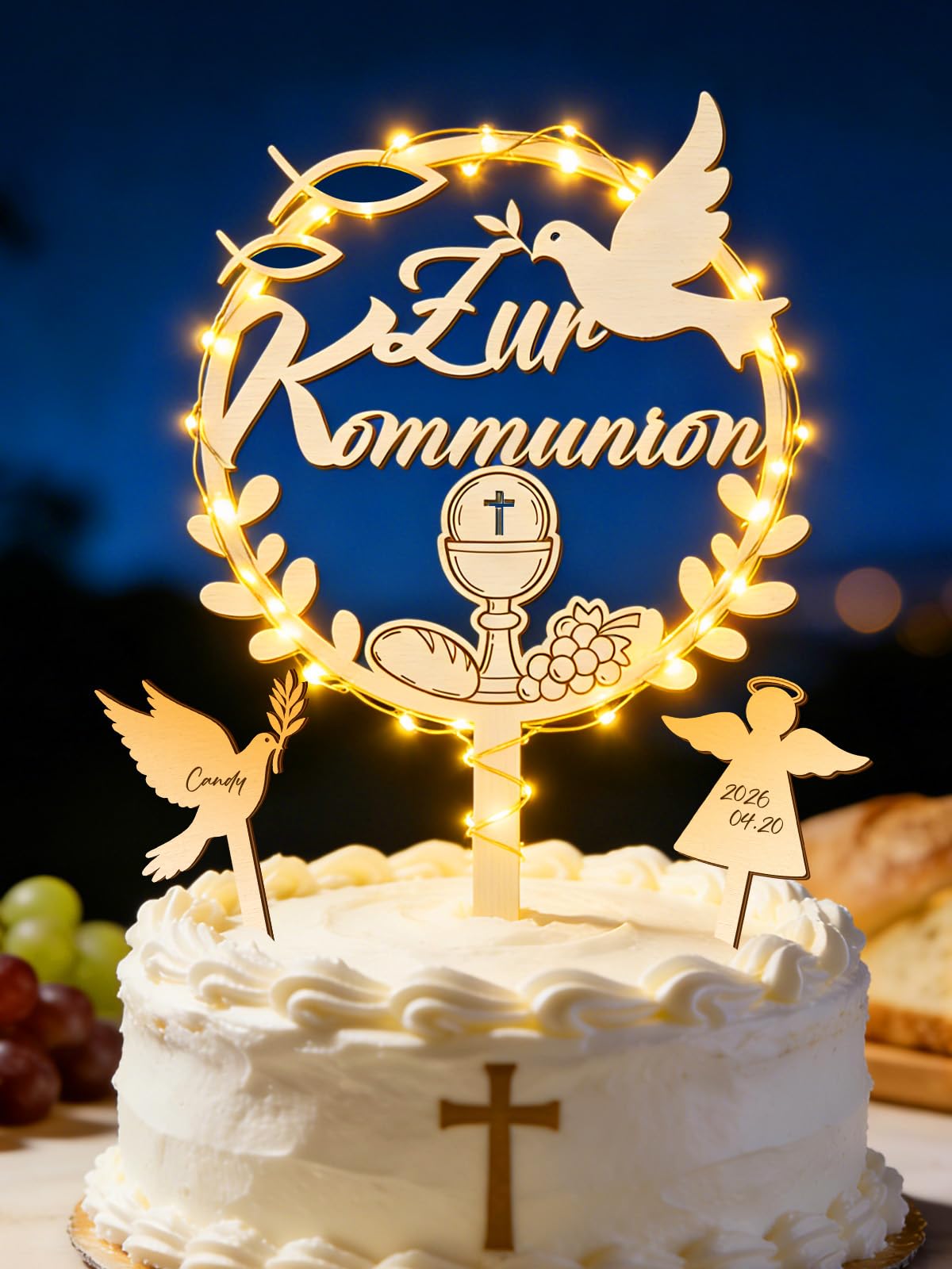 Kommunion Tortendeko Holz mit LED Lichterkette - inkl. Zur Kommunion Cake Topper, 1 Schutzengel und 1 Taube Tortenstecker, Kuchen Deko Erstkommunion Tortendeko Mädchen Jungen