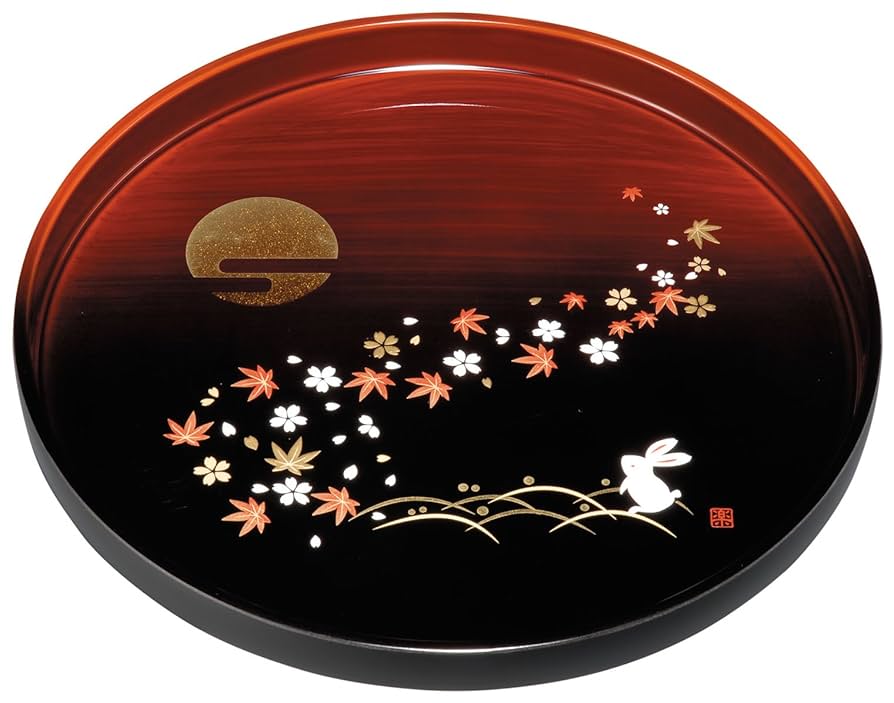 漆塗り うさぎ 盆 Amazon｜中西工芸 紀州のぬりもの 丸盆 杢塗分け 春秋月うさぎ