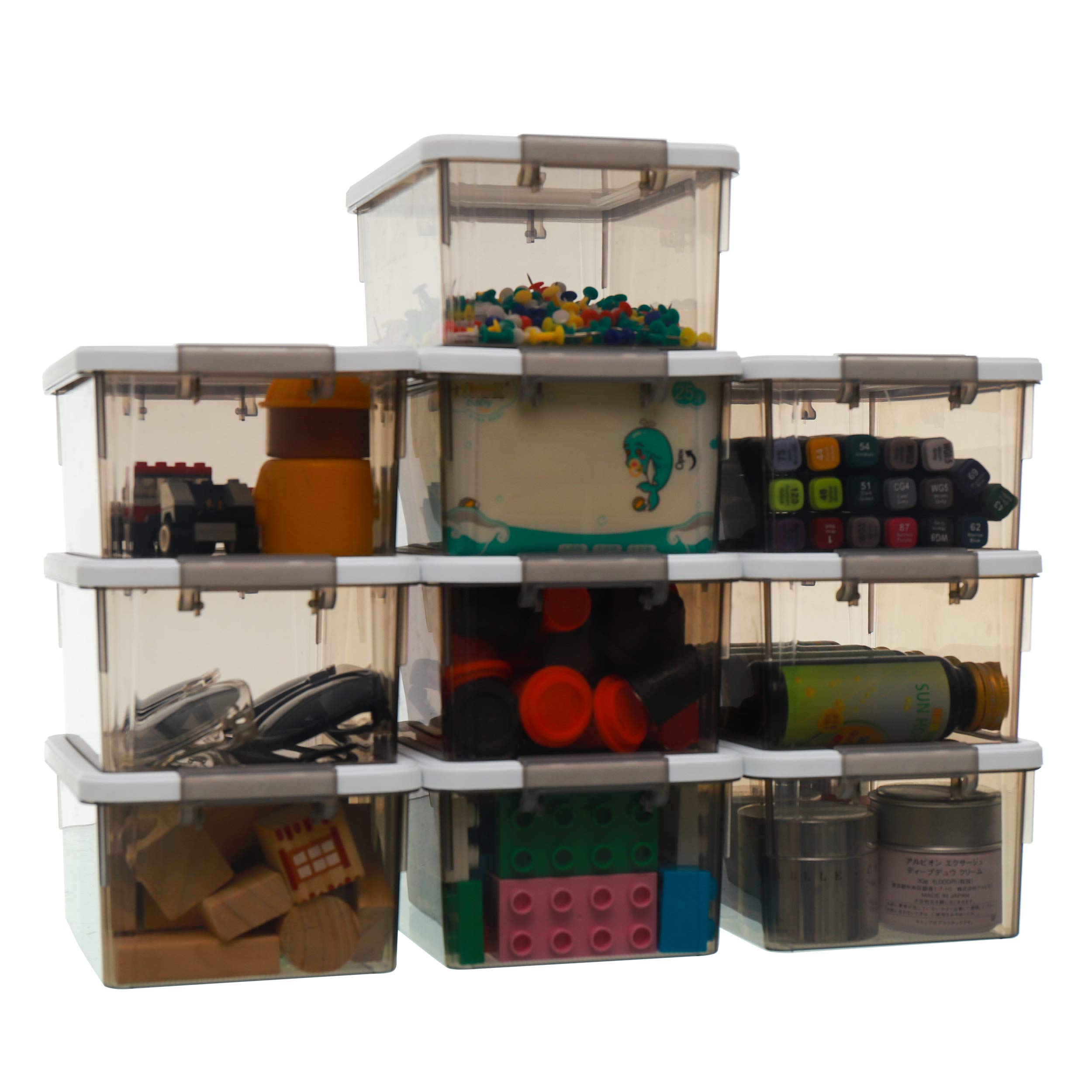 Citylife 1.32 QT 10 Pack Small Storage Bins Plastic Storage Container Stackable Box with Lids for Organizing, Clear Grey.